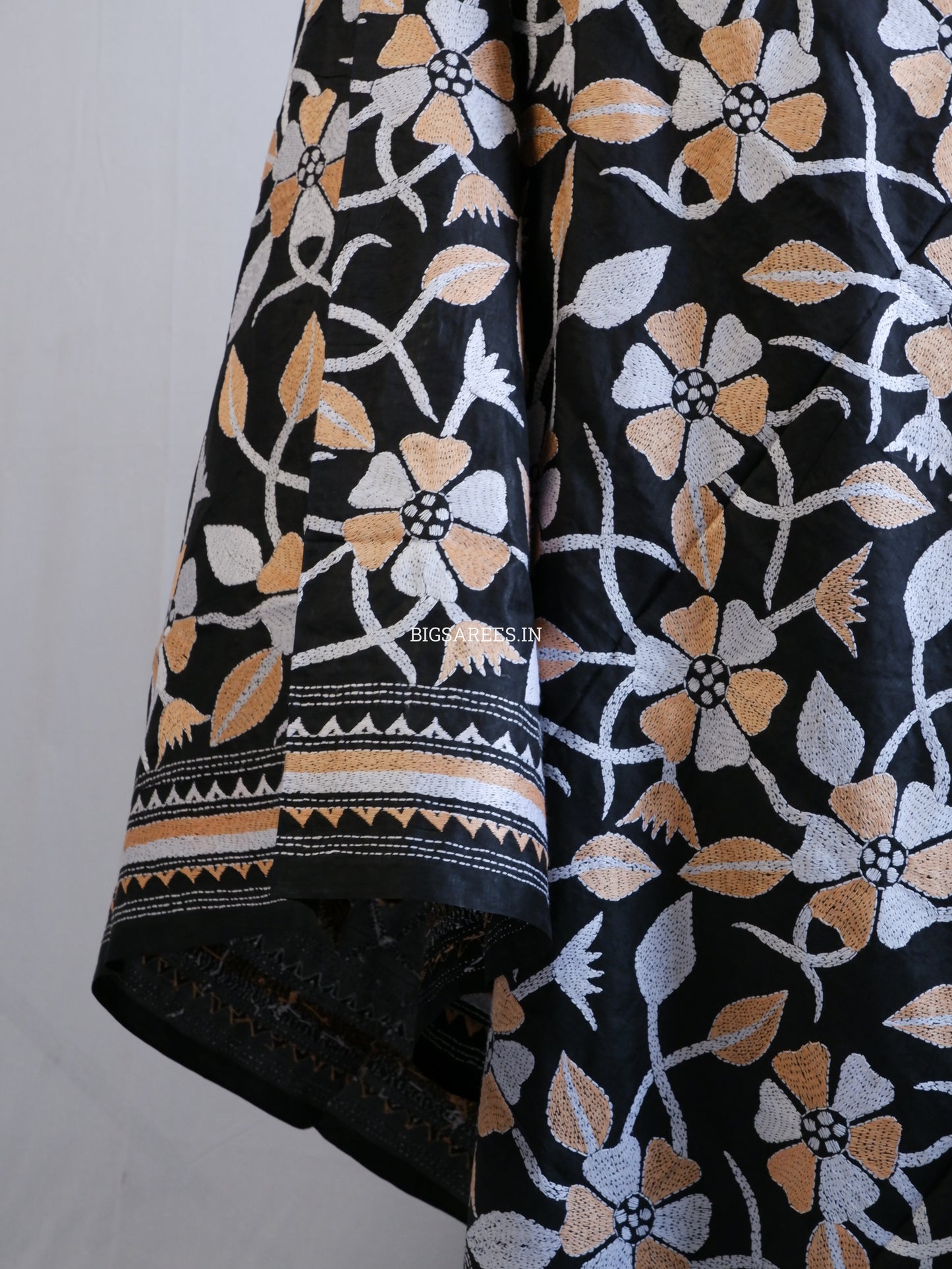 Kantha Hand-Embroidered Dupatta | Pure Bangalore Silk | Silk Marked | Black