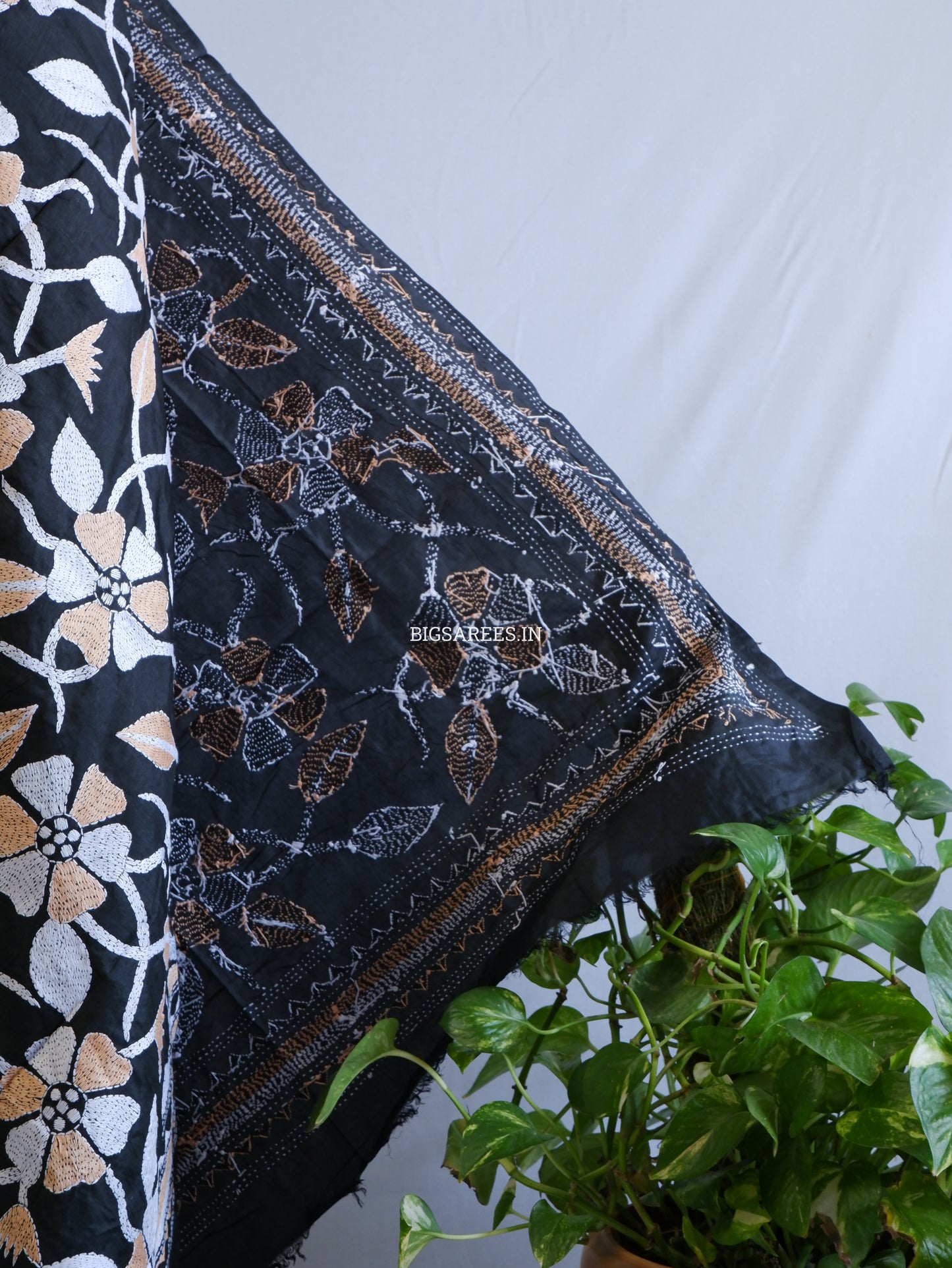 Kantha Hand-Embroidered Dupatta | Pure Bangalore Silk | Silk Marked | Black