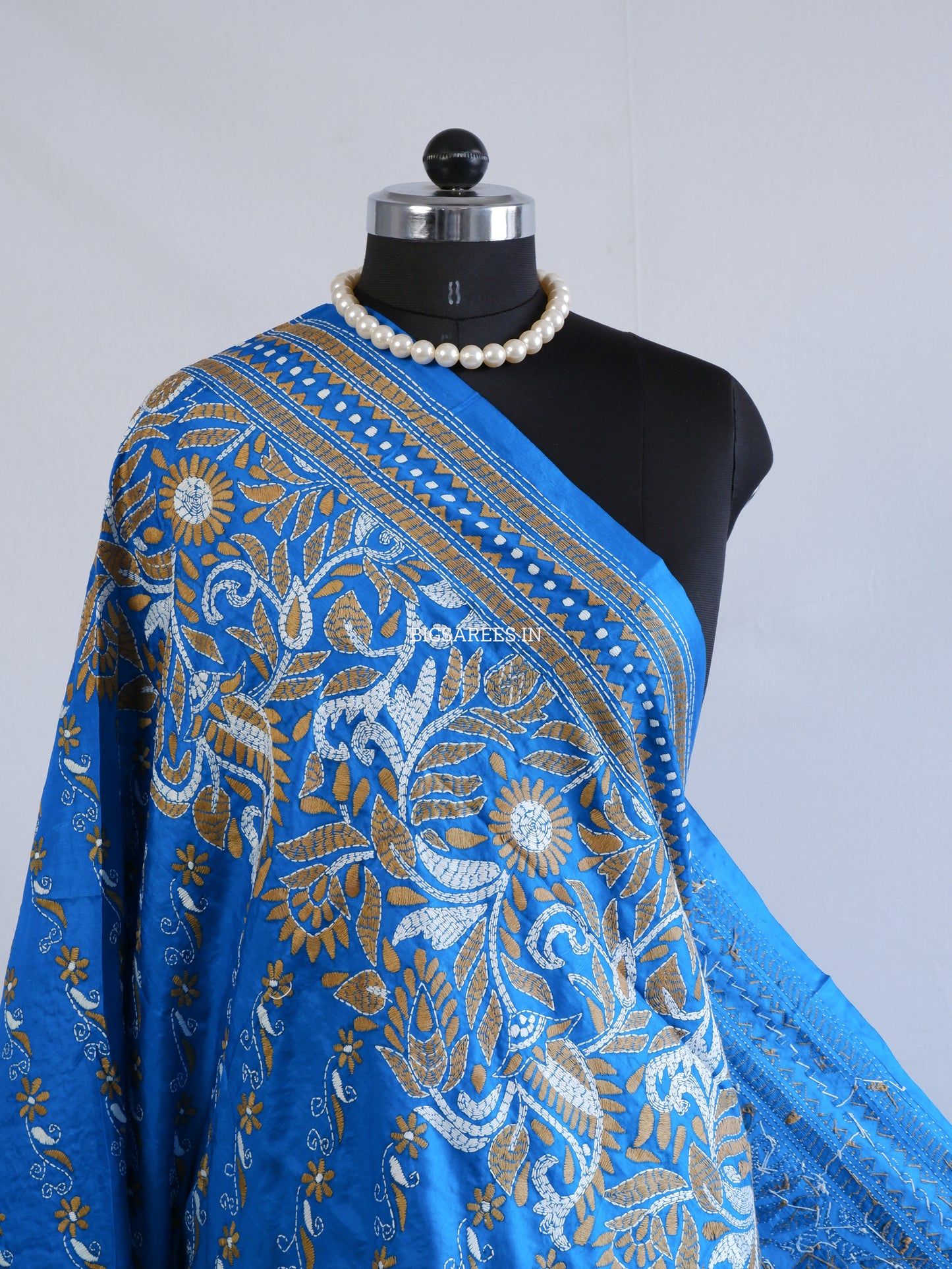 Kantha Hand-Embroidered Dupatta | Pure Bangalore Silk | Silk Marked | Light Blue