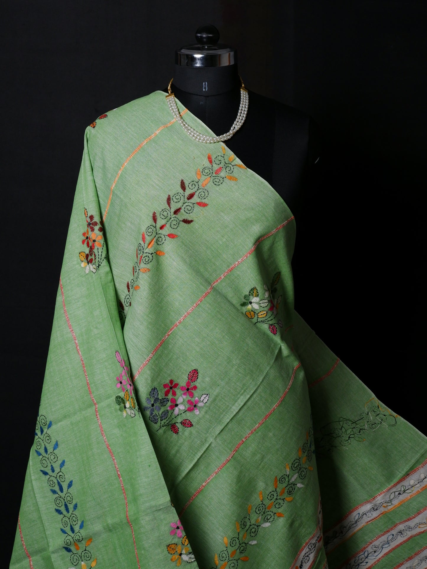 Hand-Embroidered Kantha - Stitch Dupatta | Pure Khesh Cotton | Misty Green | 34"|