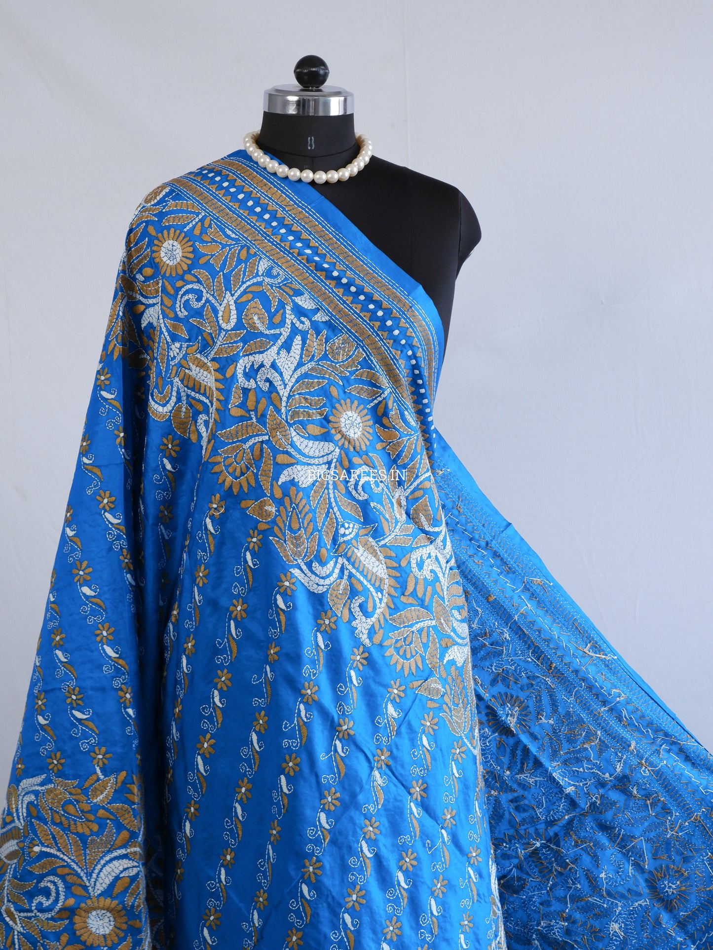 Kantha Hand-Embroidered Dupatta | Pure Bangalore Silk | Silk Marked | Light Blue