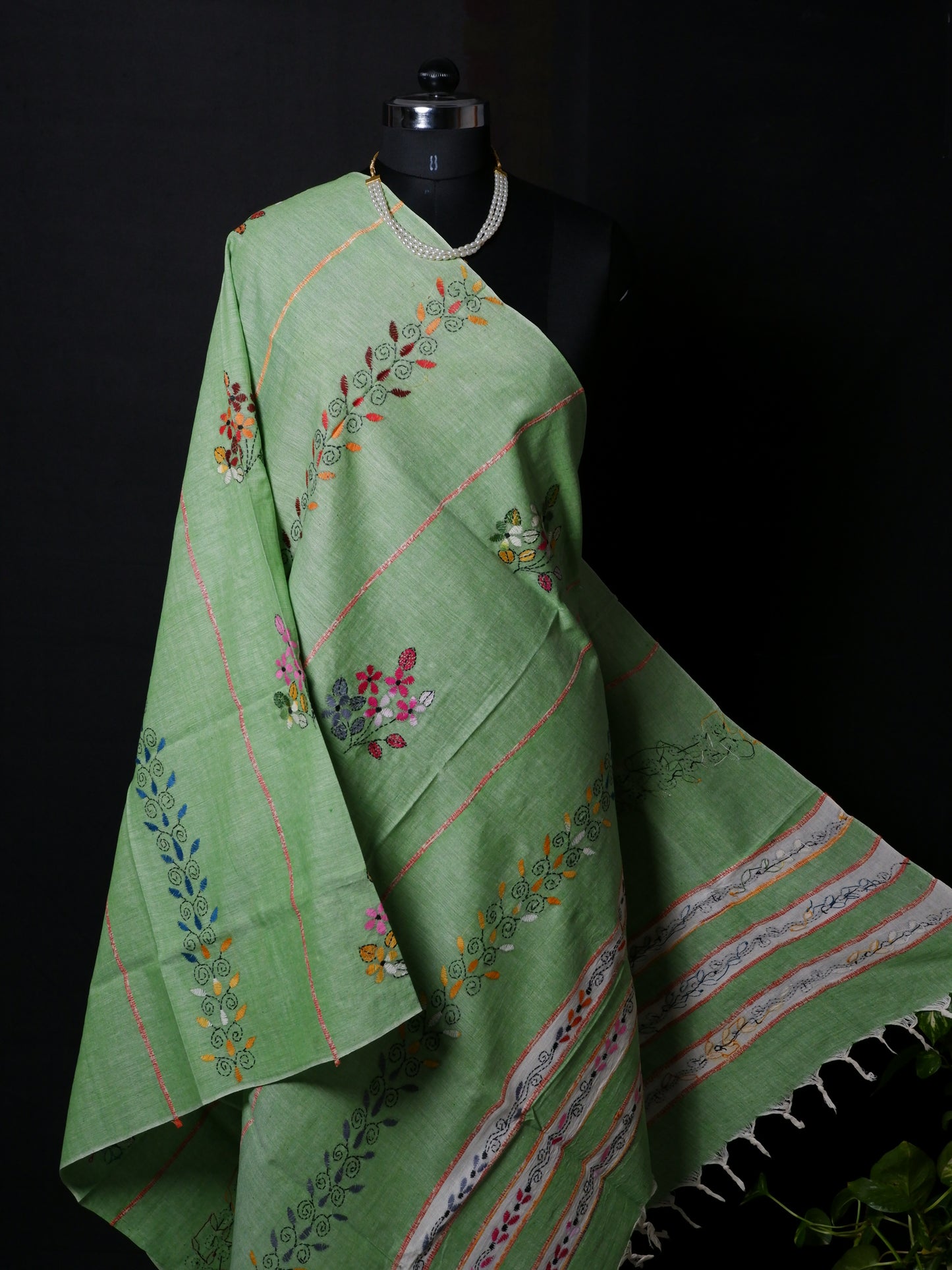 Hand-Embroidered Kantha - Stitch Dupatta | Pure Khesh Cotton | Misty Green | 34"|