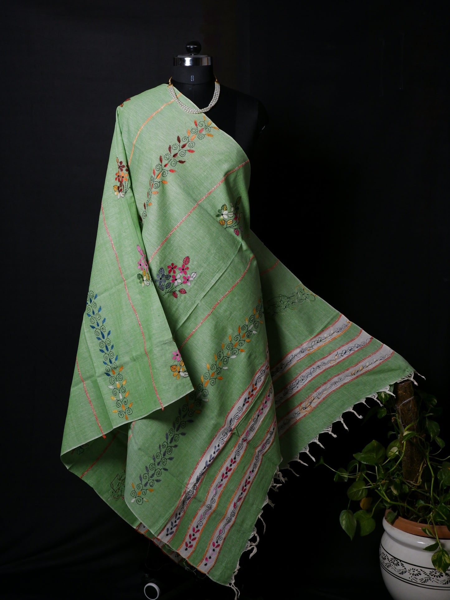 Hand-Embroidered Kantha - Stitch Dupatta | Pure Khesh Cotton | Misty Green | 34"|