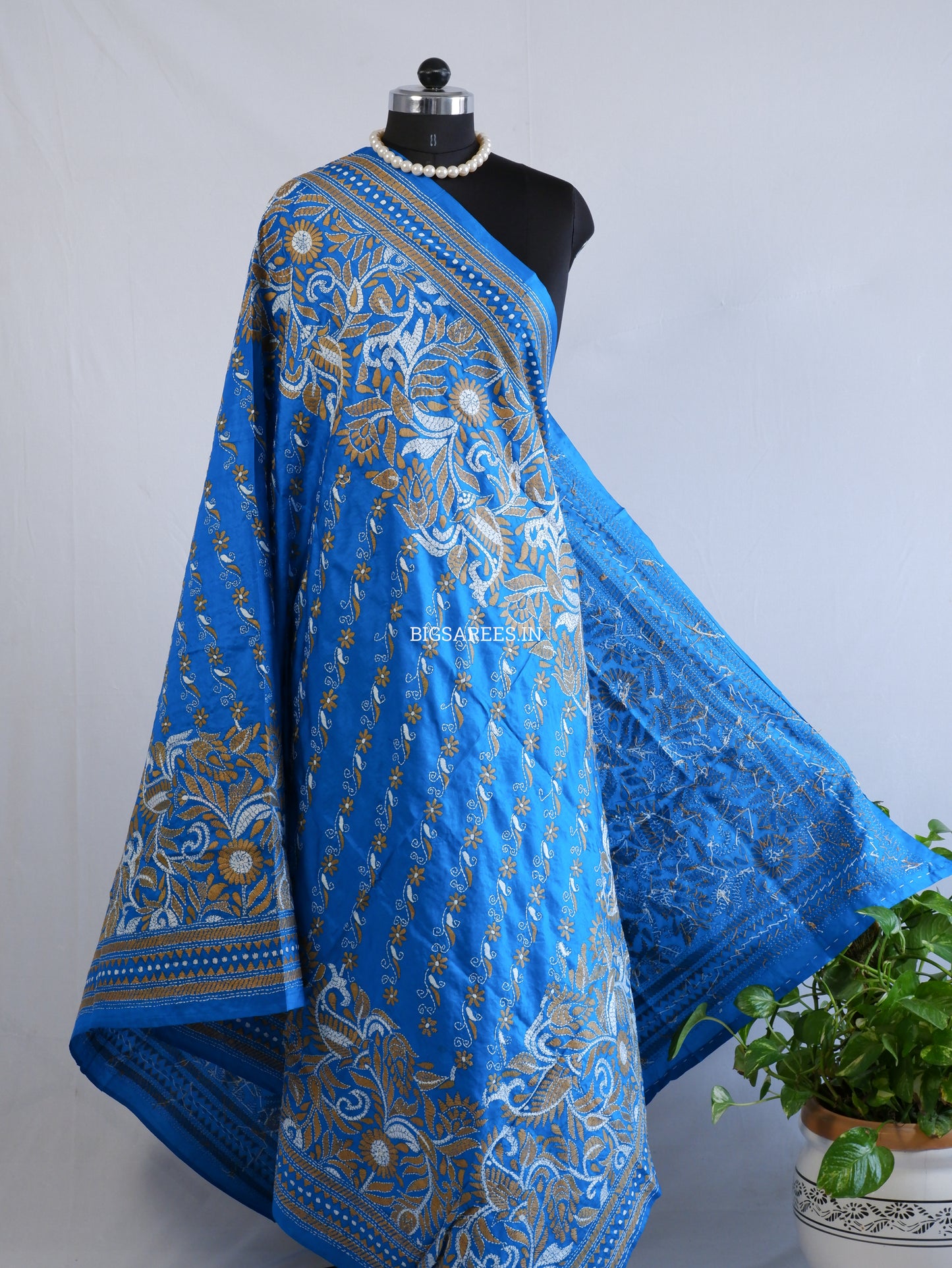 Kantha Hand-Embroidered Dupatta | Pure Bangalore Silk | Silk Marked | Light Blue