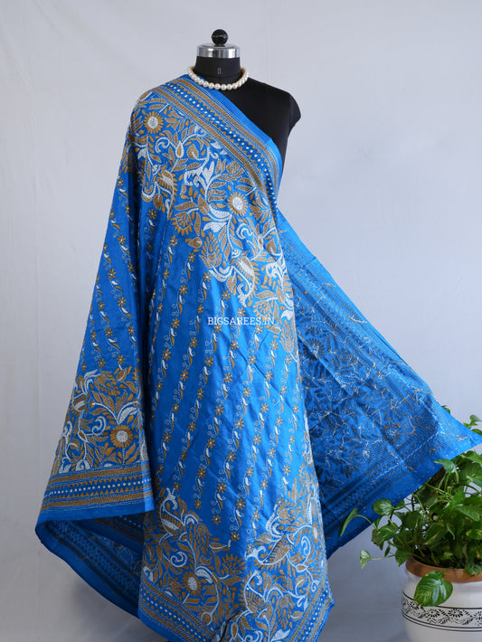 Kantha Hand-Embroidered Dupatta | Pure Bangalore Silk | Silk Marked | Light Blue