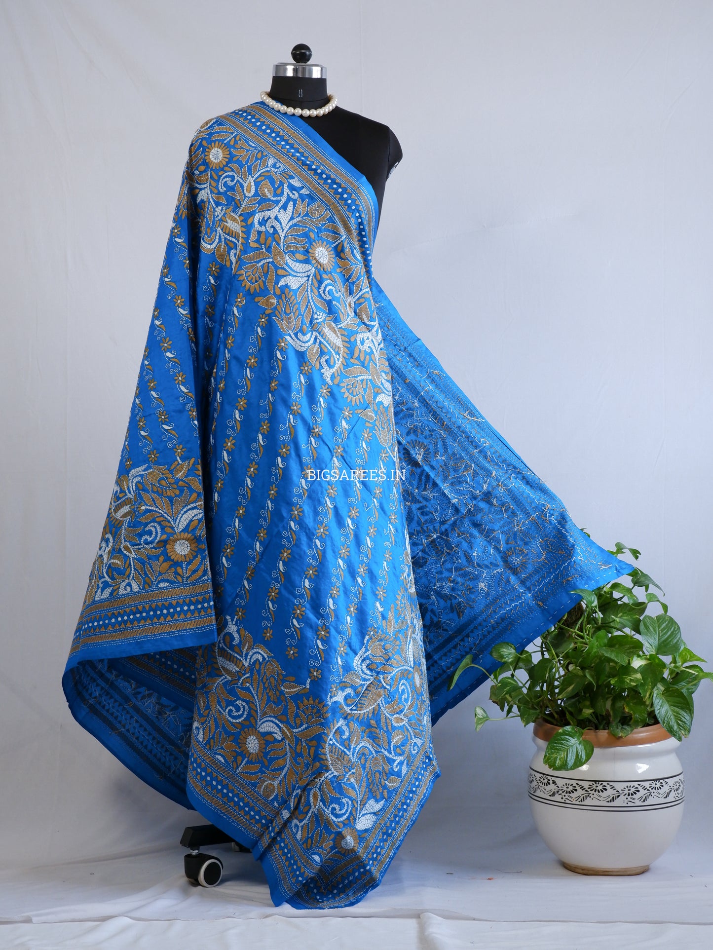 Kantha Hand-Embroidered Dupatta | Pure Bangalore Silk | Silk Marked | Light Blue