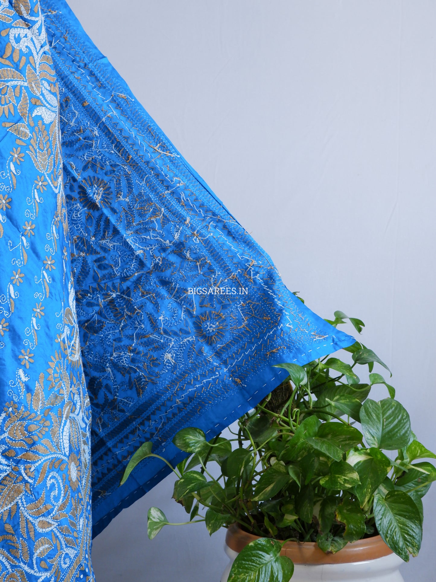 Kantha Hand-Embroidered Dupatta | Pure Bangalore Silk | Silk Marked | Light Blue