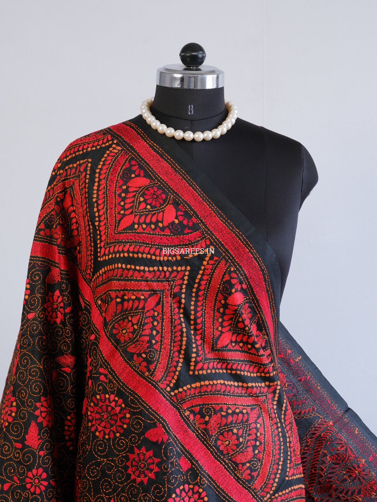 Kantha Hand-Embroidered Dupatta | Pure Bangalore Silk | Silk Marked | Black