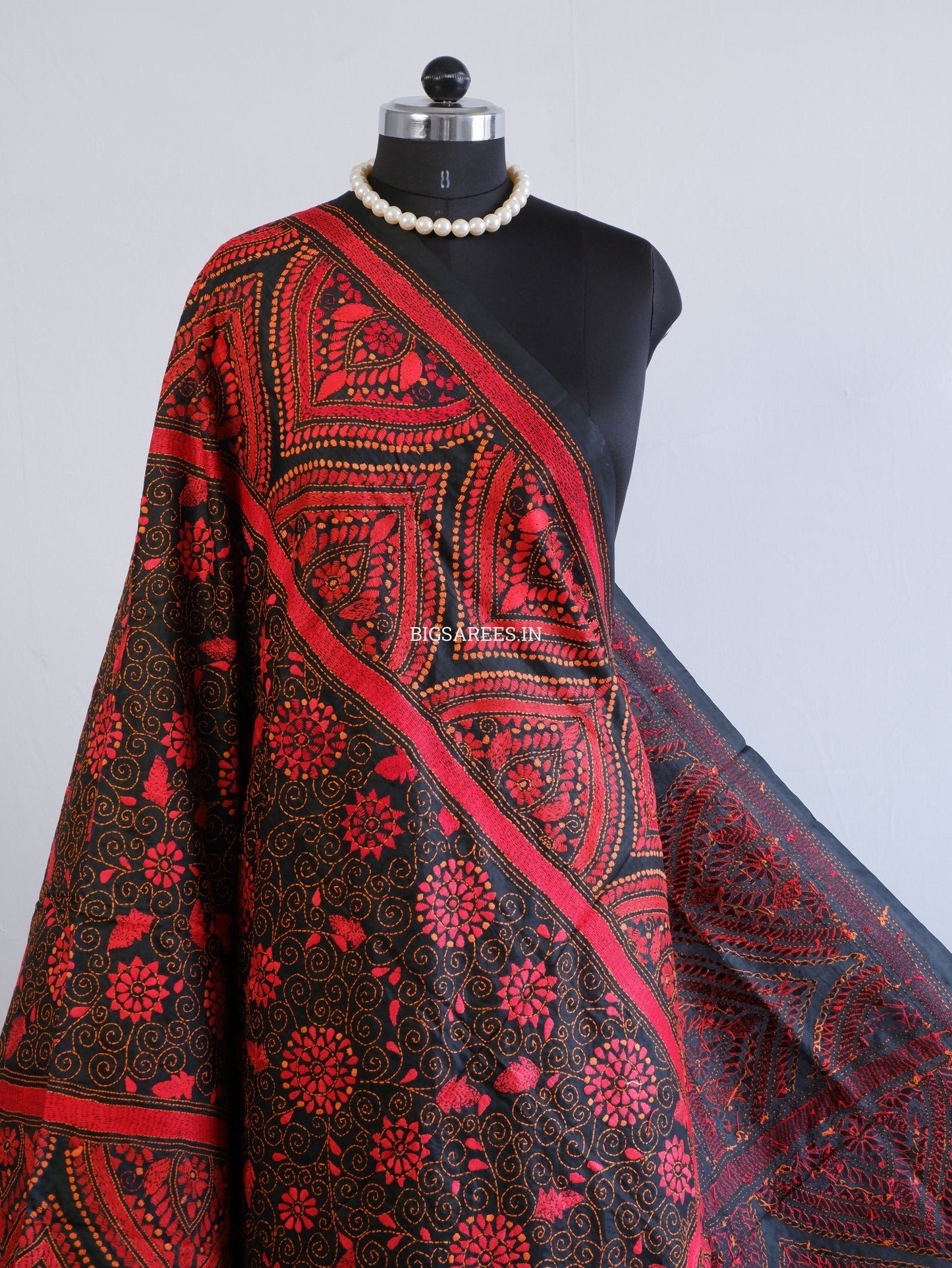 Kantha Hand-Embroidered Dupatta | Pure Bangalore Silk | Silk Marked | Black