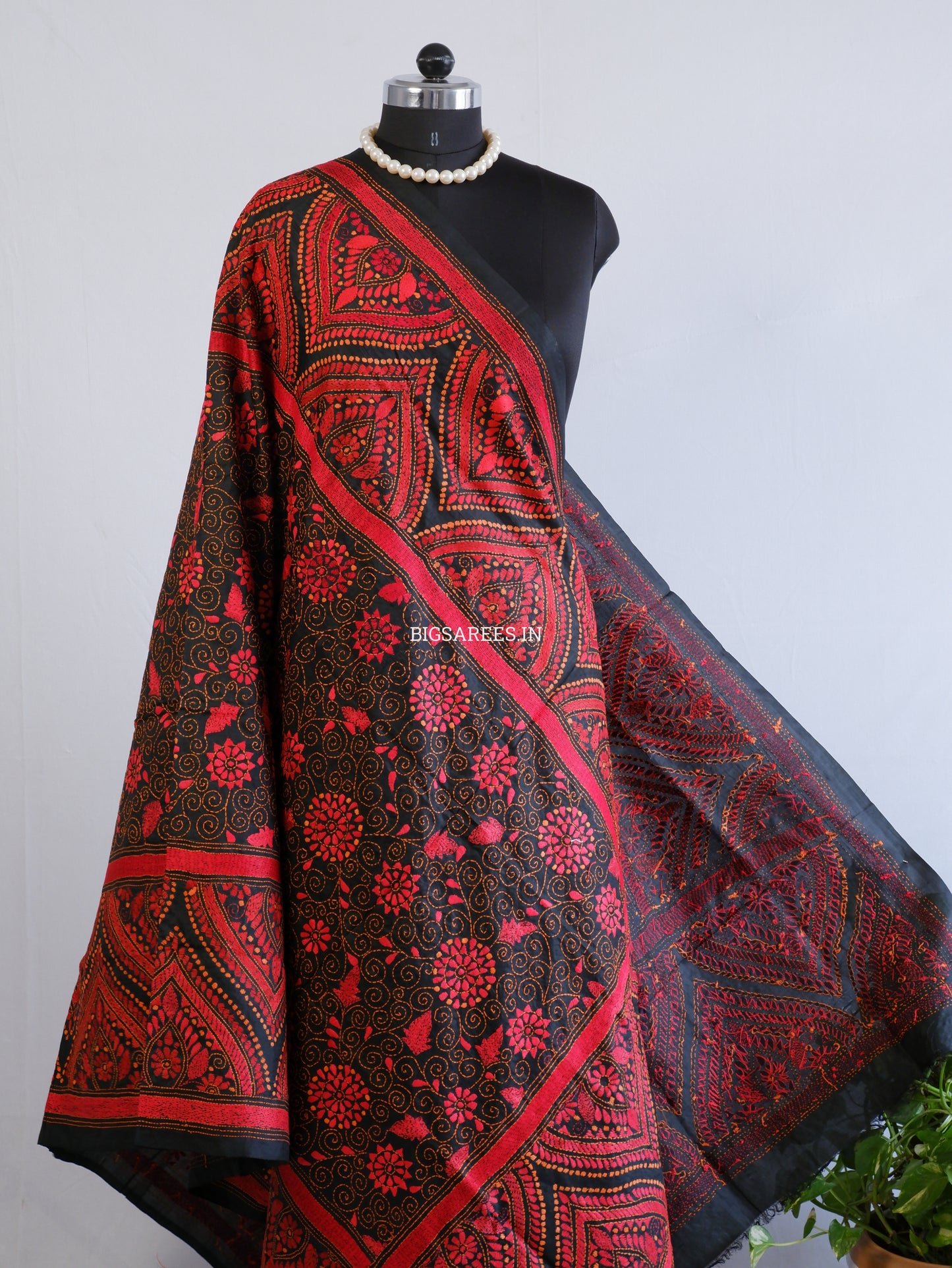 Kantha Hand-Embroidered Dupatta | Pure Bangalore Silk | Silk Marked | Black