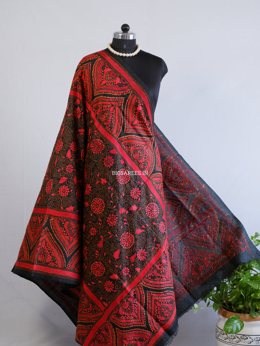 Kantha Hand-Embroidered Dupatta | Pure Bangalore Silk | Silk Marked | Black