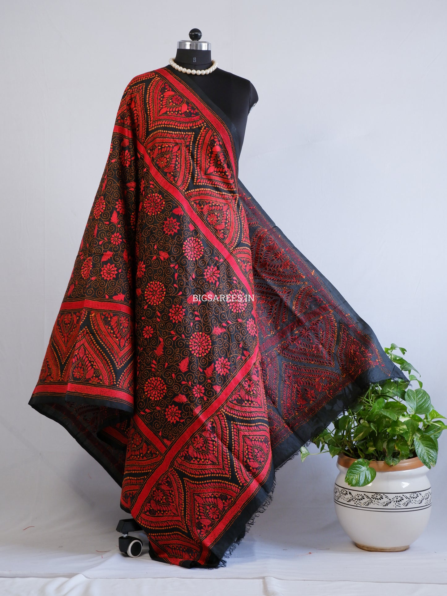 Kantha Hand-Embroidered Dupatta | Pure Bangalore Silk | Silk Marked | Black