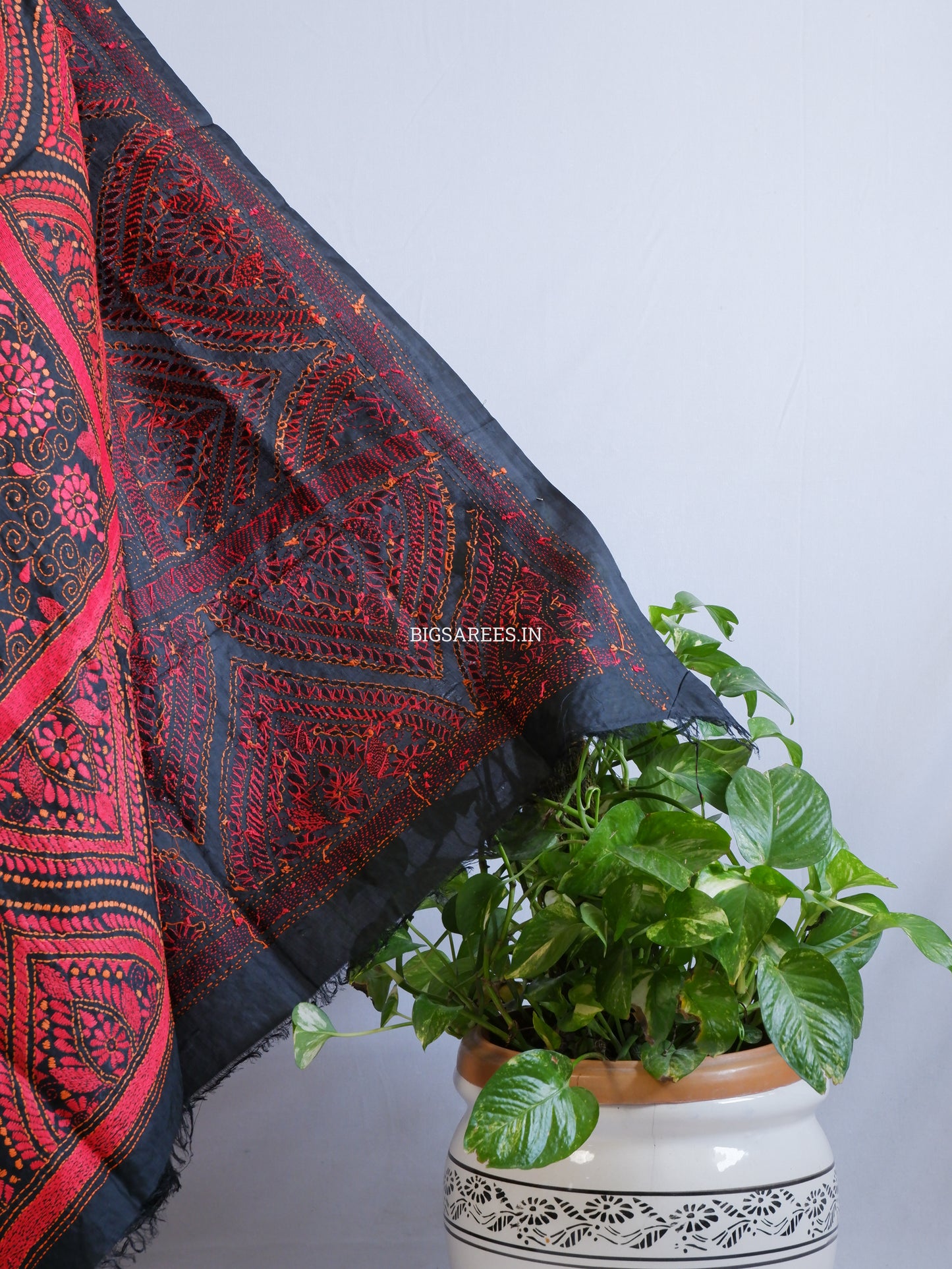 Kantha Hand-Embroidered Dupatta | Pure Bangalore Silk | Silk Marked | Black