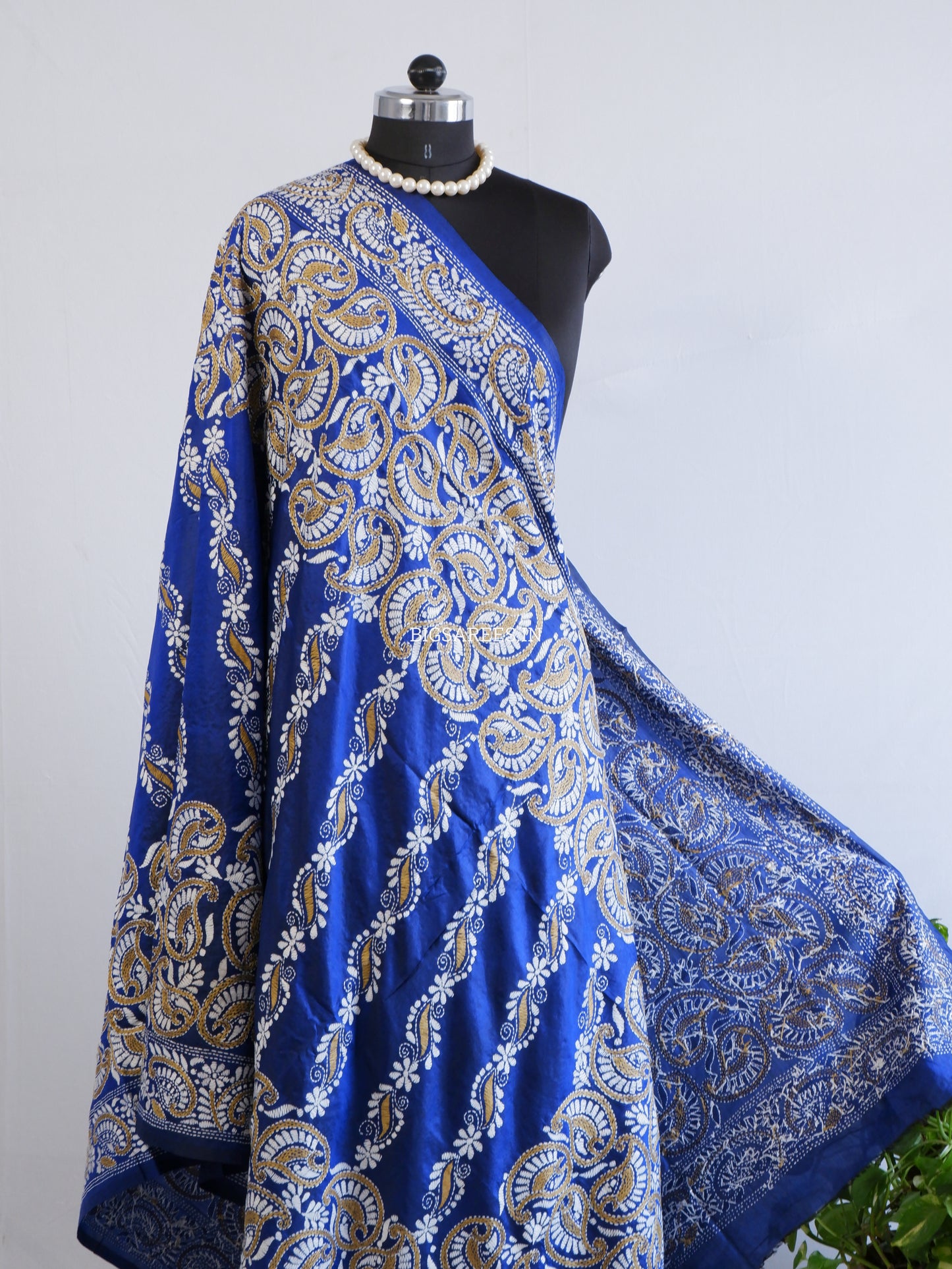 Kantha Hand-Embroidered Dupatta | Pure Bangalore Silk | Silk Marked | Blue