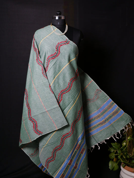 Hand-Embroidered Kantha - Stitch Dupatta | Pure Khesh Cotton | Shamrock Geen | 34"|