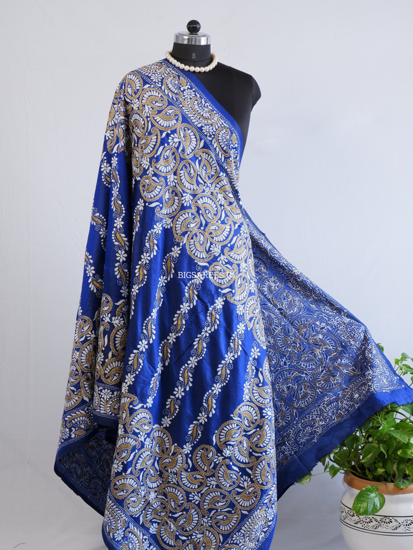 Kantha Hand-Embroidered Dupatta | Pure Bangalore Silk | Silk Marked | Blue