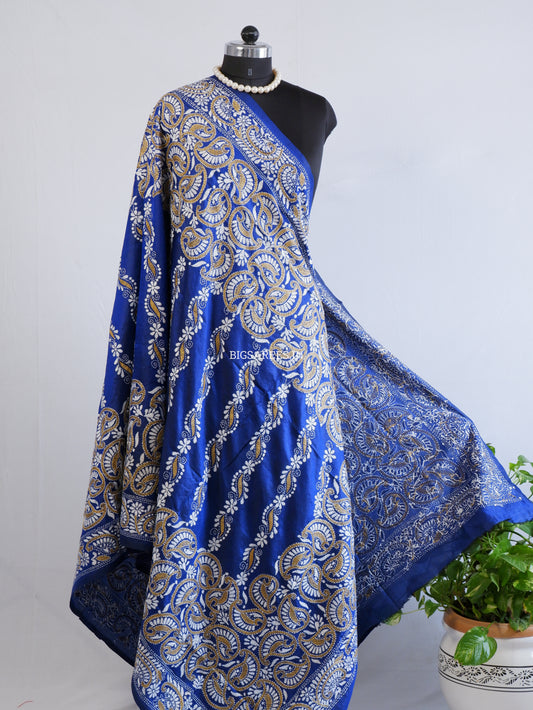 Kantha Hand-Embroidered Dupatta | Pure Bangalore Silk | Silk Marked | Blue