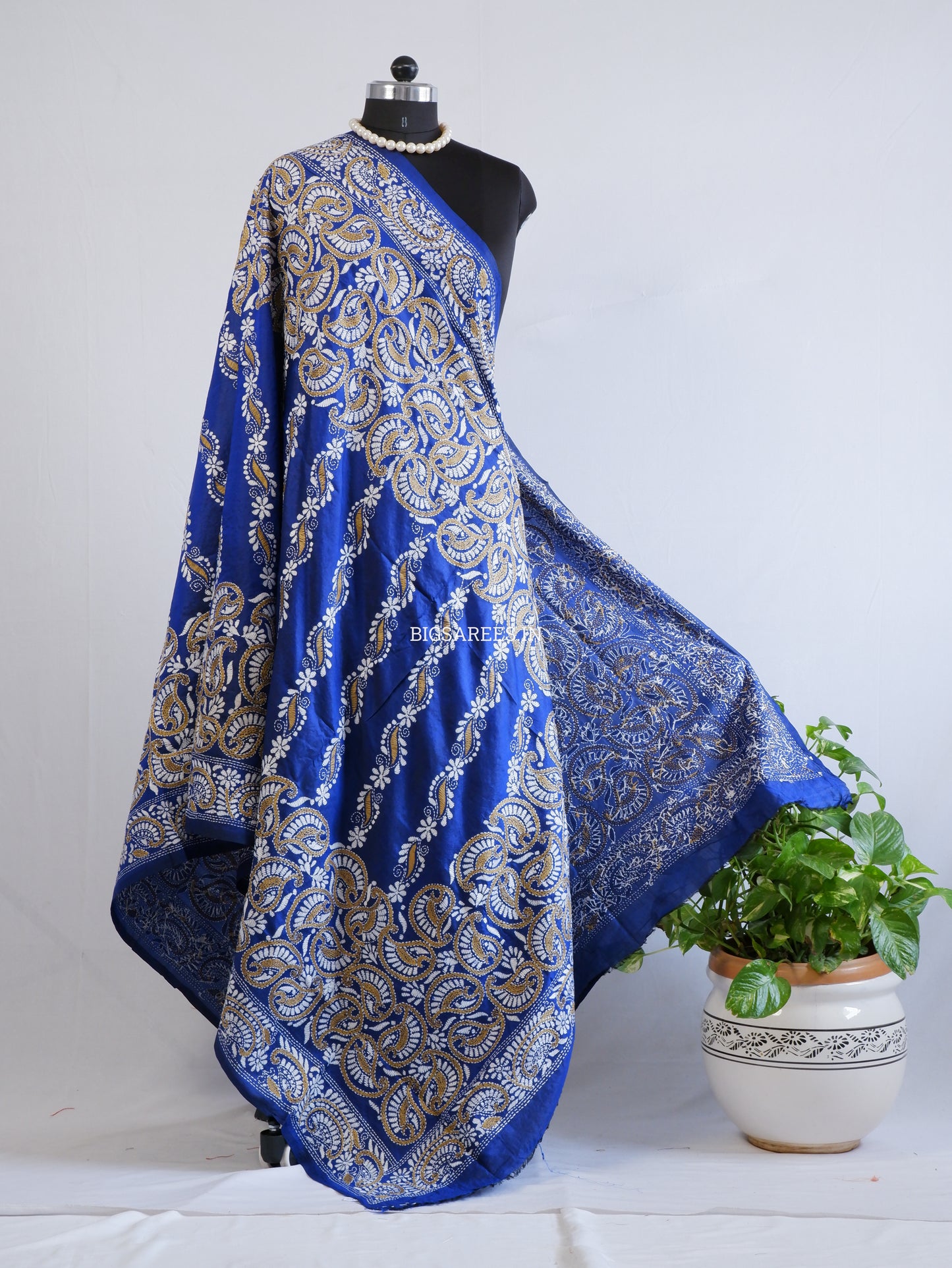 Kantha Hand-Embroidered Dupatta | Pure Bangalore Silk | Silk Marked | Blue