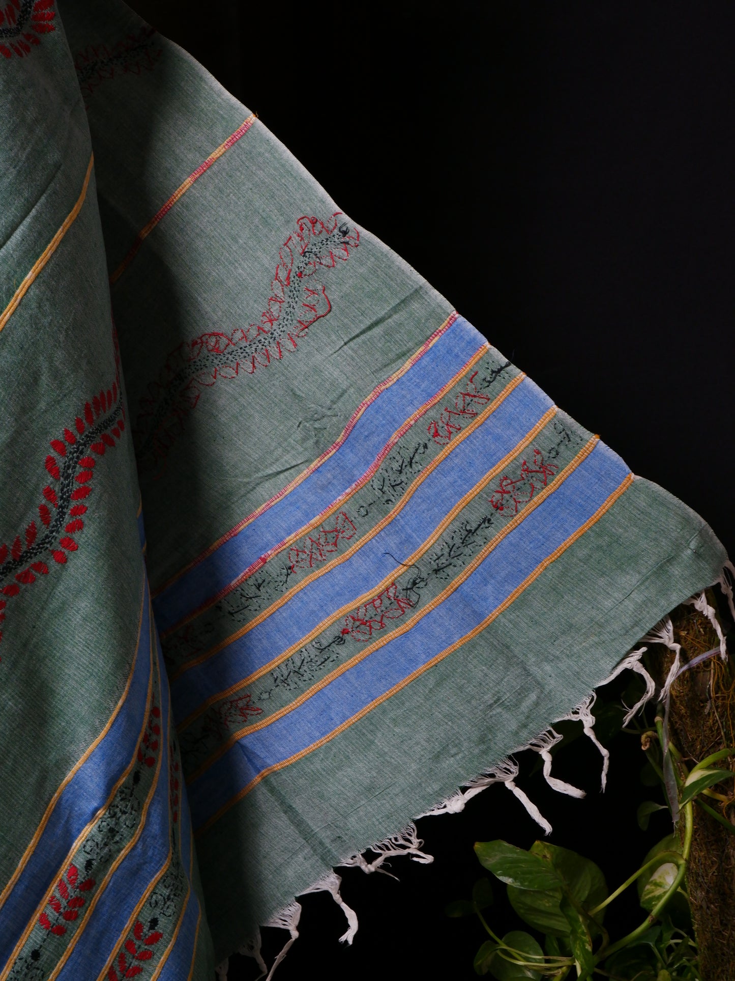 Hand-Embroidered Kantha - Stitch Dupatta | Pure Khesh Cotton | Shamrock Geen | 34"|