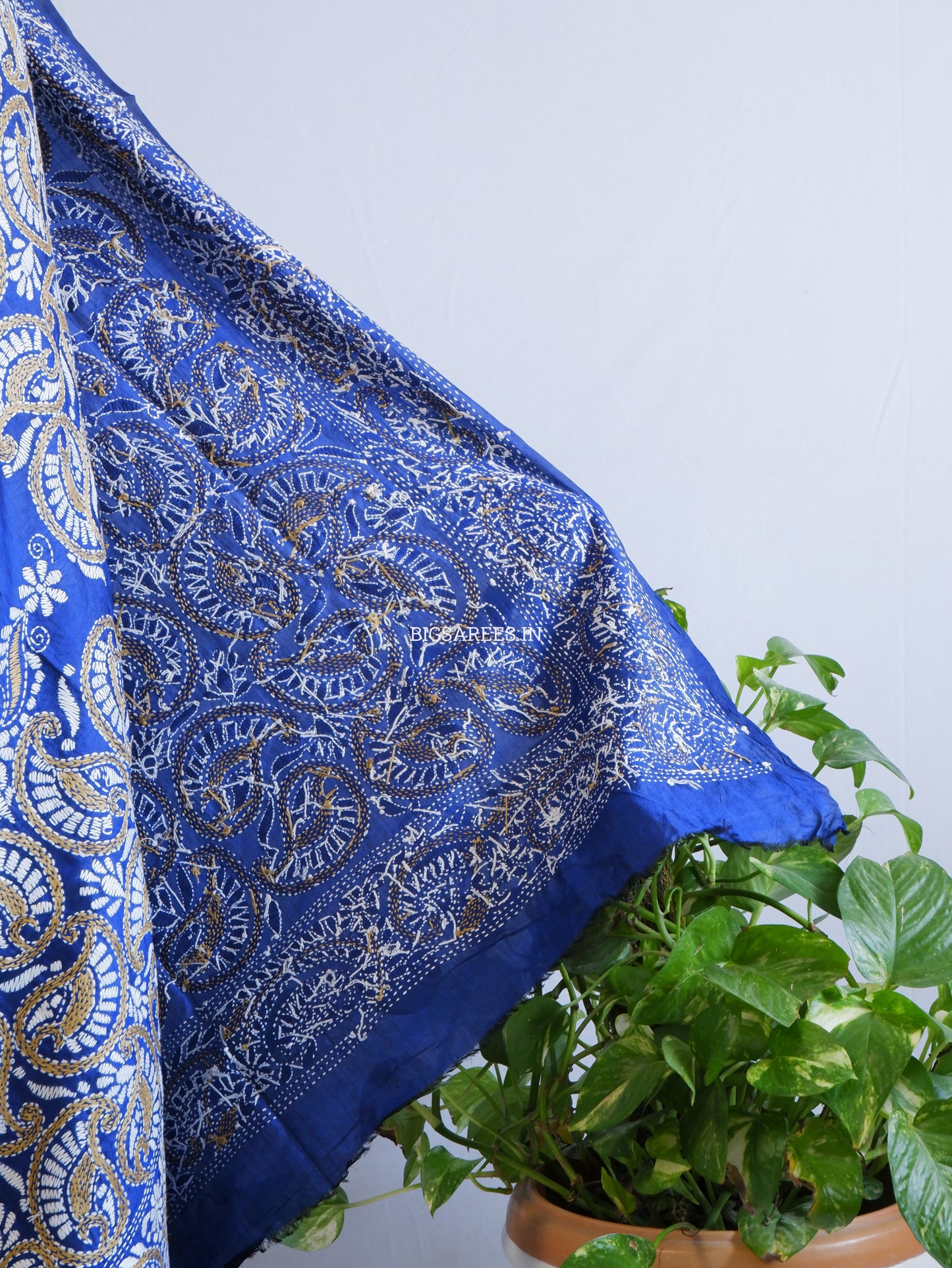 Kantha Hand-Embroidered Dupatta | Pure Bangalore Silk | Silk Marked | Blue
