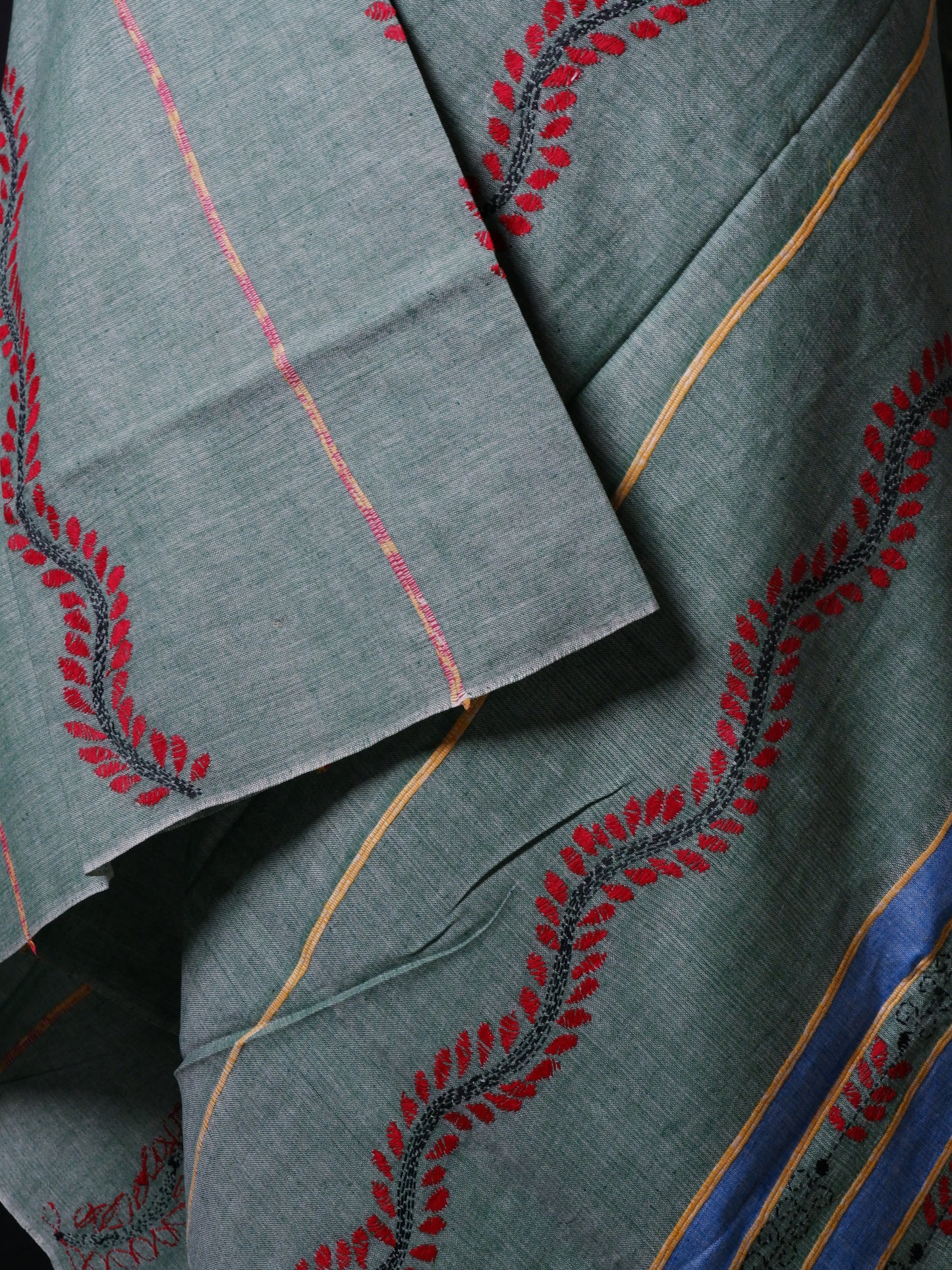 Hand-Embroidered Kantha - Stitch Dupatta | Pure Khesh Cotton | Shamrock Geen | 34"|