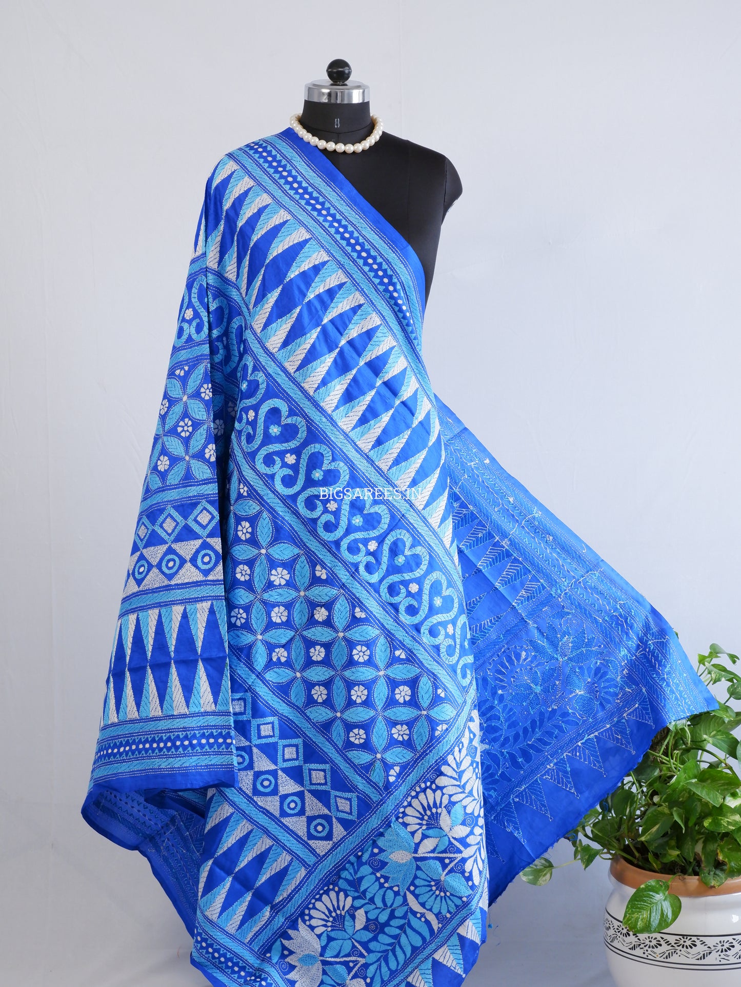 Kantha Hand-Embroidered Dupatta | Pure Bangalore Silk | Silk Marked | Royal Blue