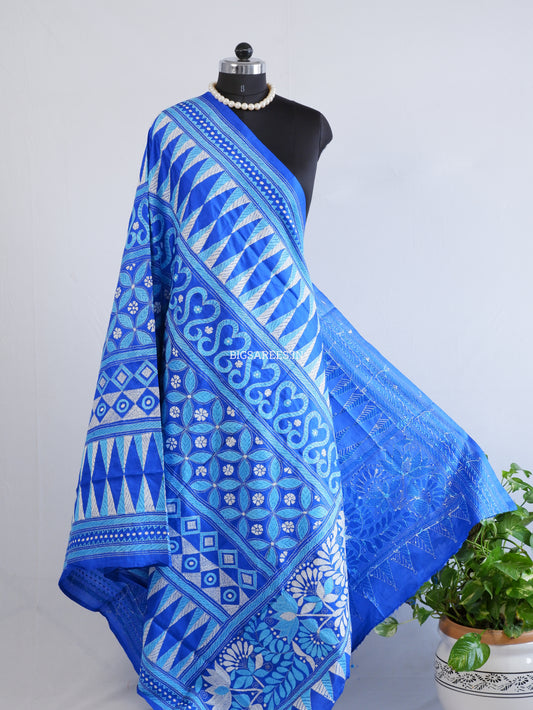 Kantha Hand-Embroidered Dupatta | Pure Bangalore Silk | Silk Marked | Royal Blue