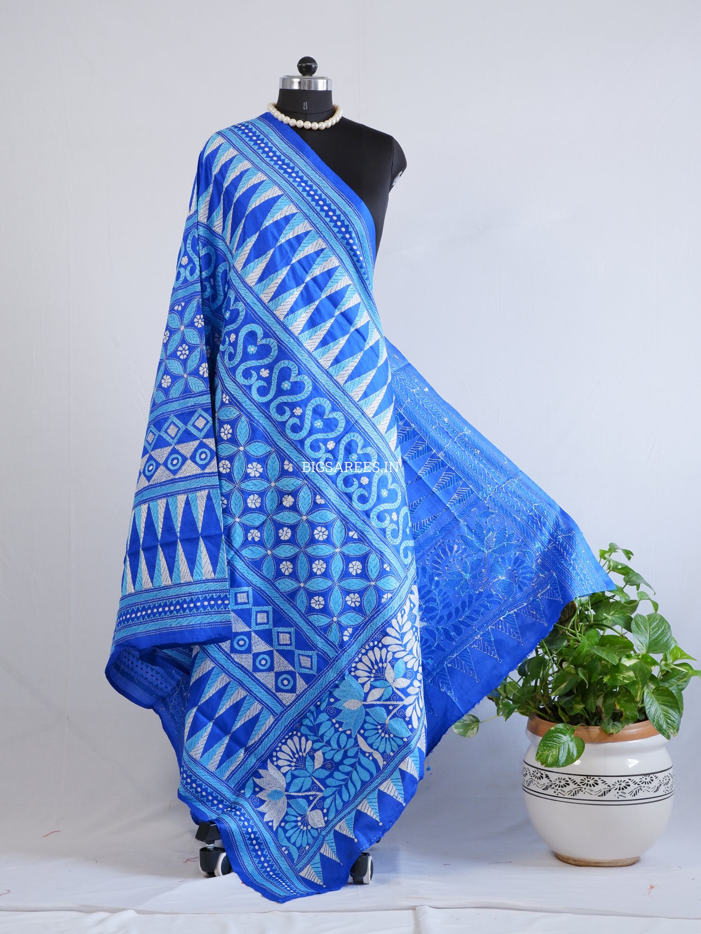 Kantha Hand-Embroidered Dupatta | Pure Bangalore Silk | Silk Marked | Royal Blue