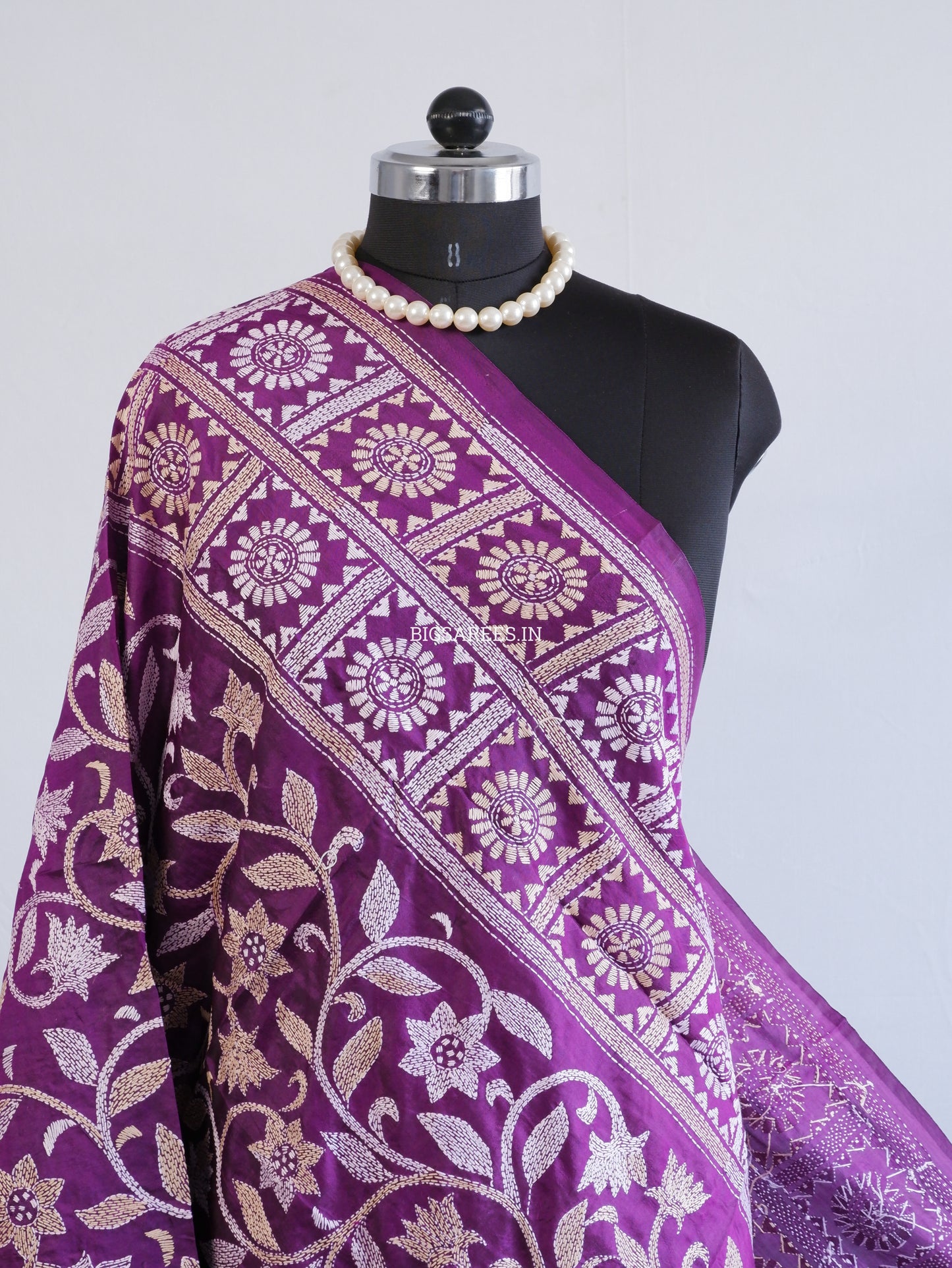 Kantha Hand-Embroidered Dupatta | Pure Bangalore Silk | Silk Marked | Purple