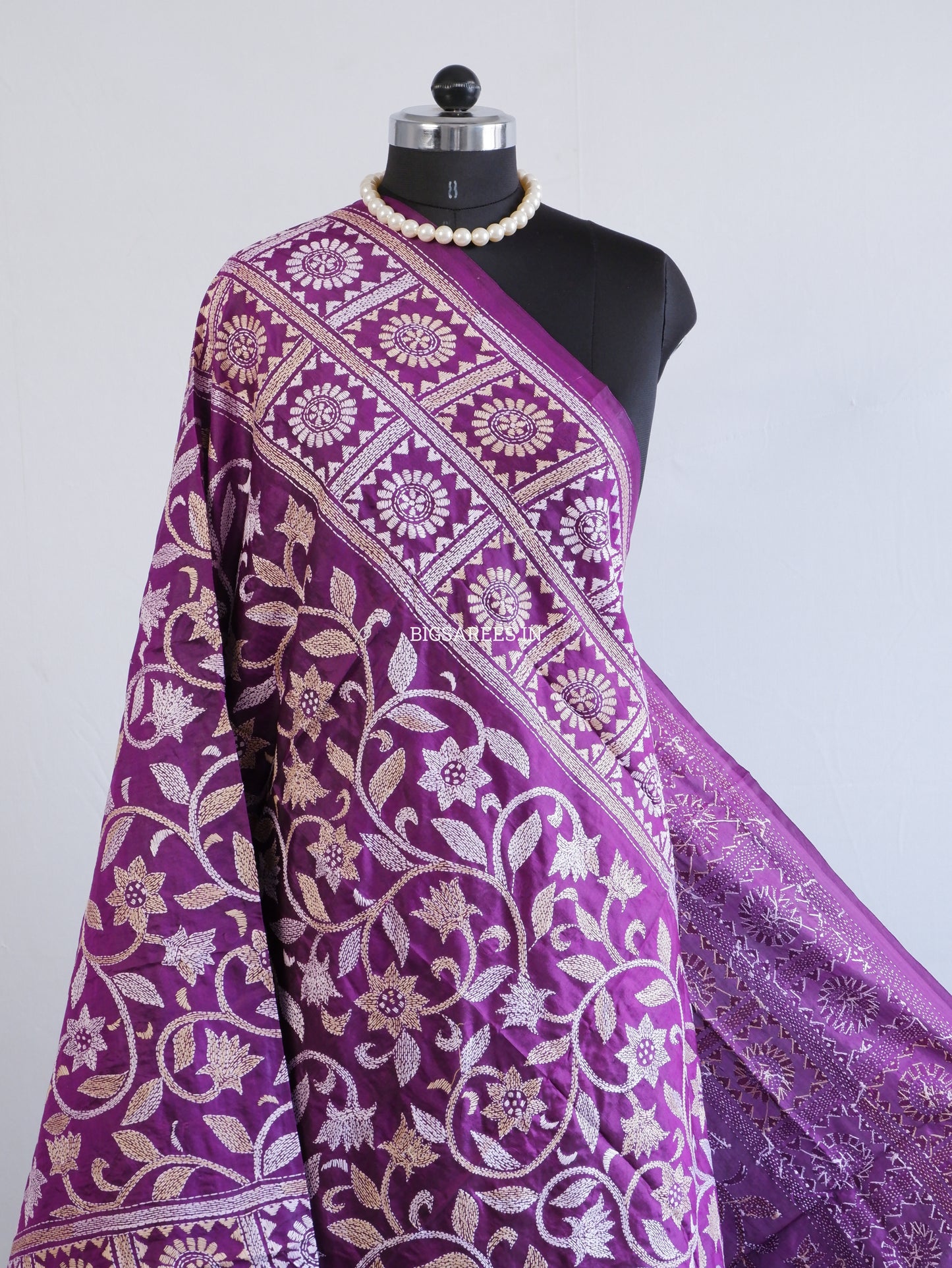 Kantha Hand-Embroidered Dupatta | Pure Bangalore Silk | Silk Marked | Purple