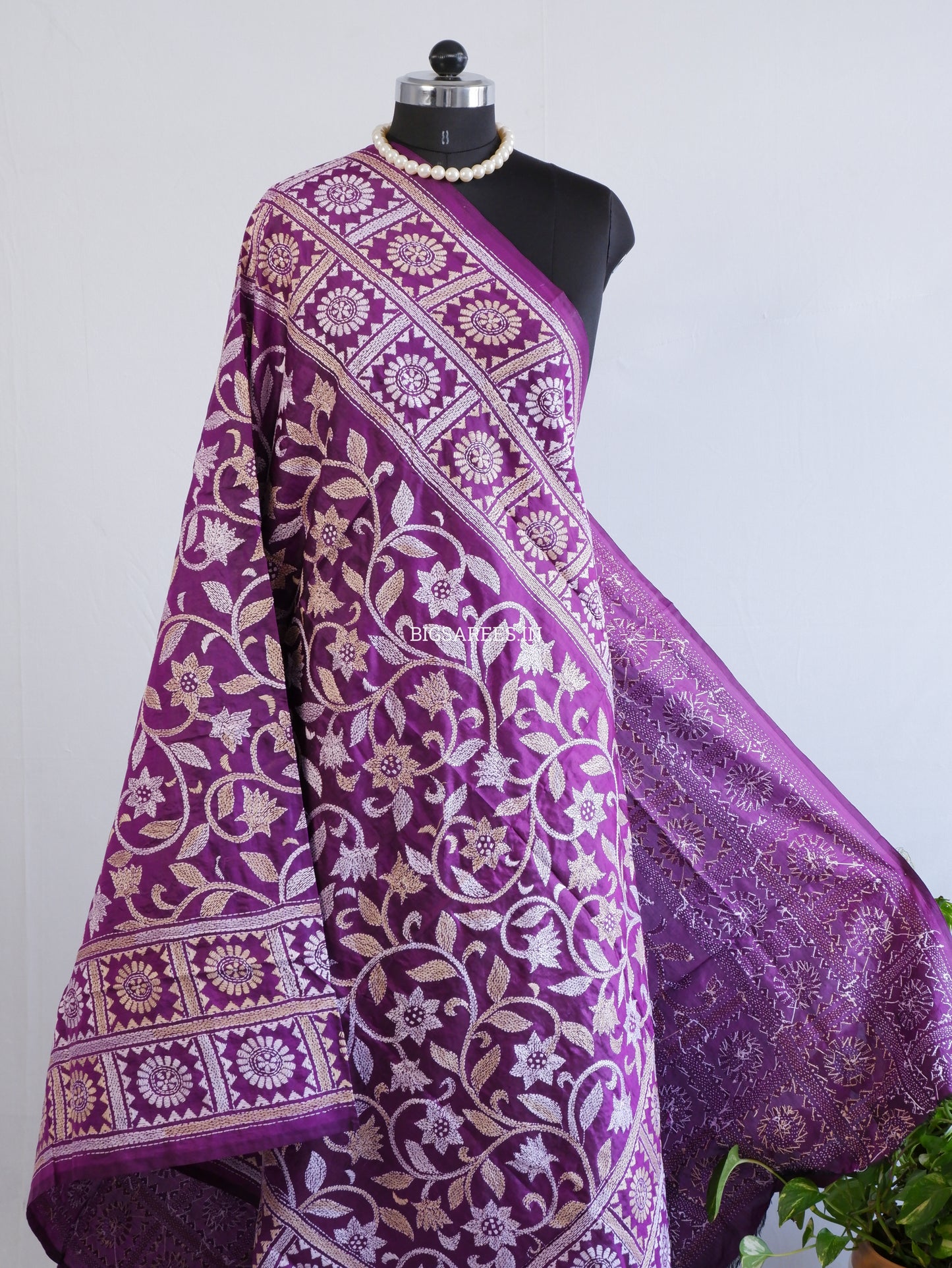 Kantha Hand-Embroidered Dupatta | Pure Bangalore Silk | Silk Marked | Purple
