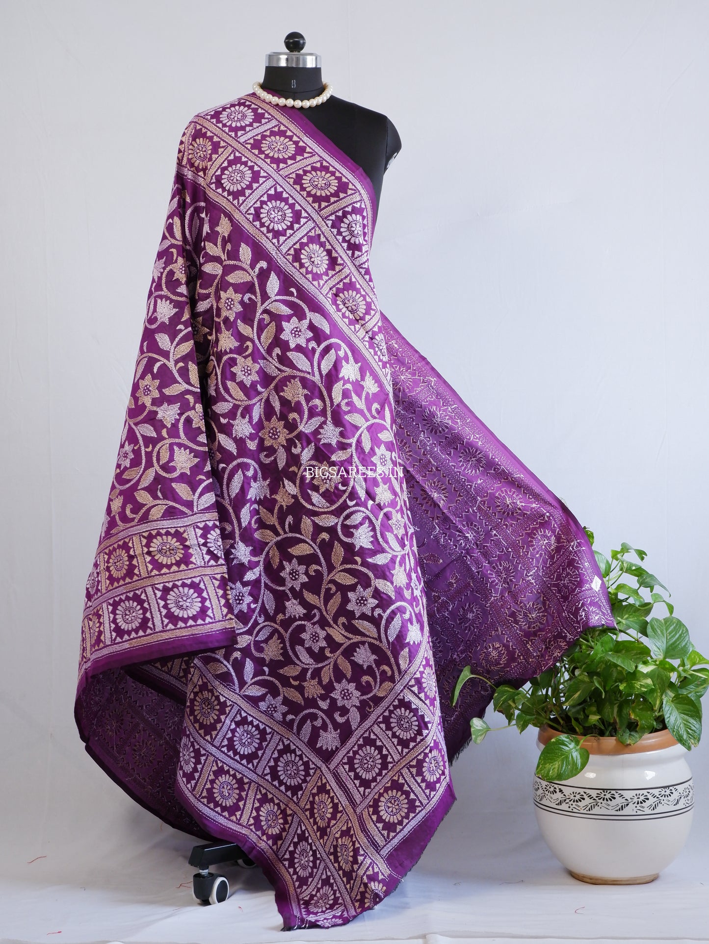 Kantha Hand-Embroidered Dupatta | Pure Bangalore Silk | Silk Marked | Purple