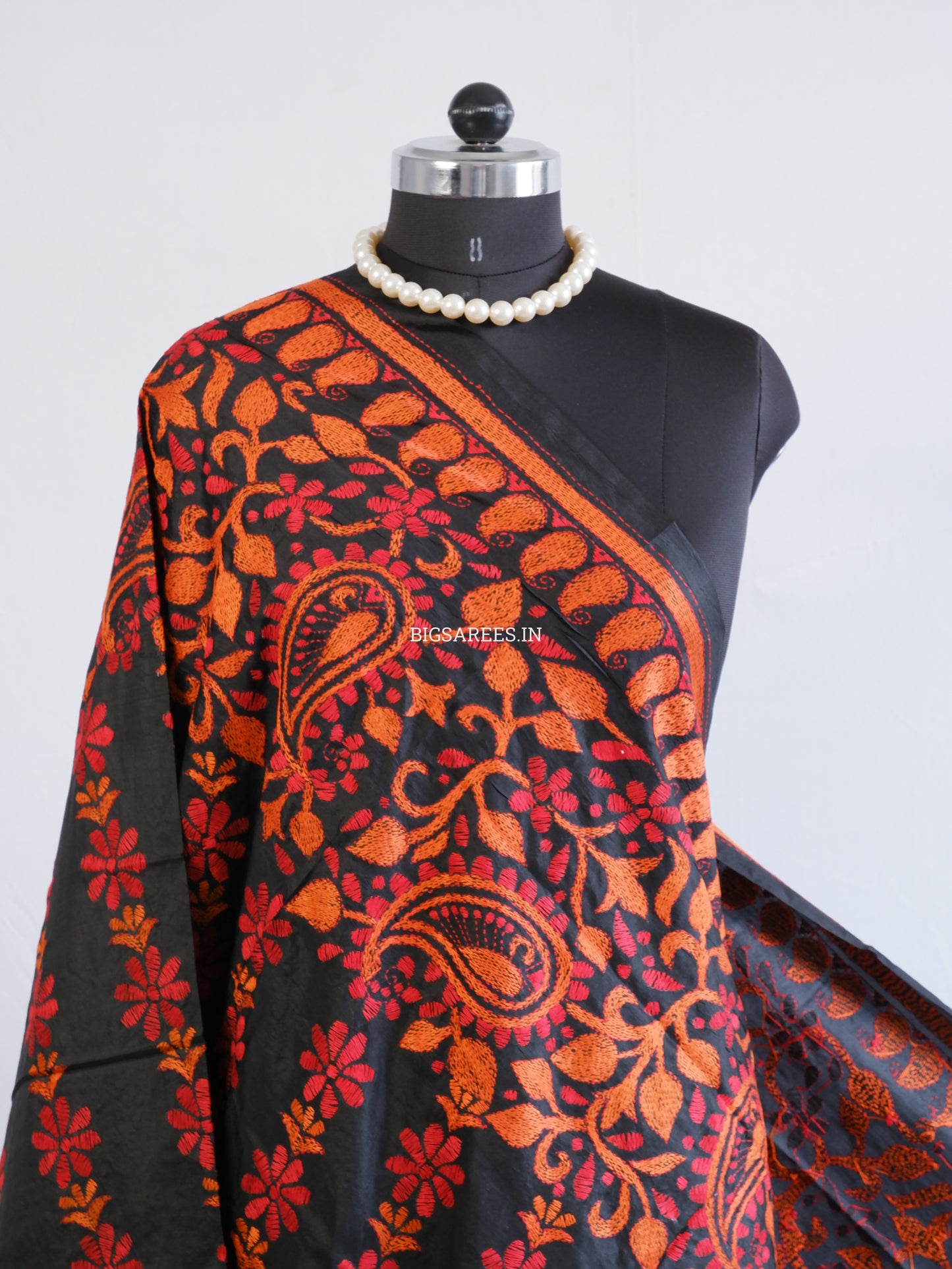 Kantha Hand-Embroidered Dupatta | Pure Bangalore Silk | Silk Marked | Black
