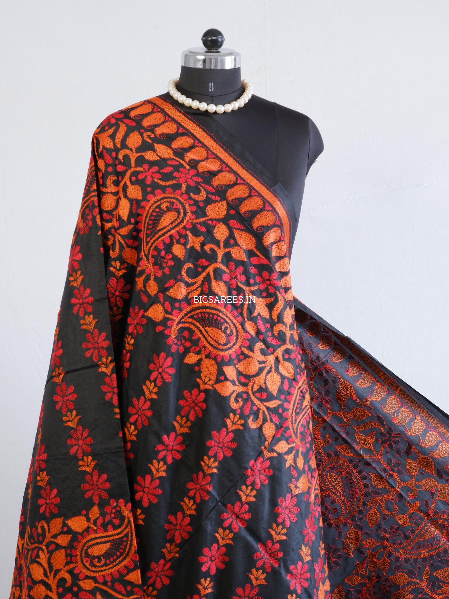 Kantha Hand-Embroidered Dupatta | Pure Bangalore Silk | Silk Marked | Black