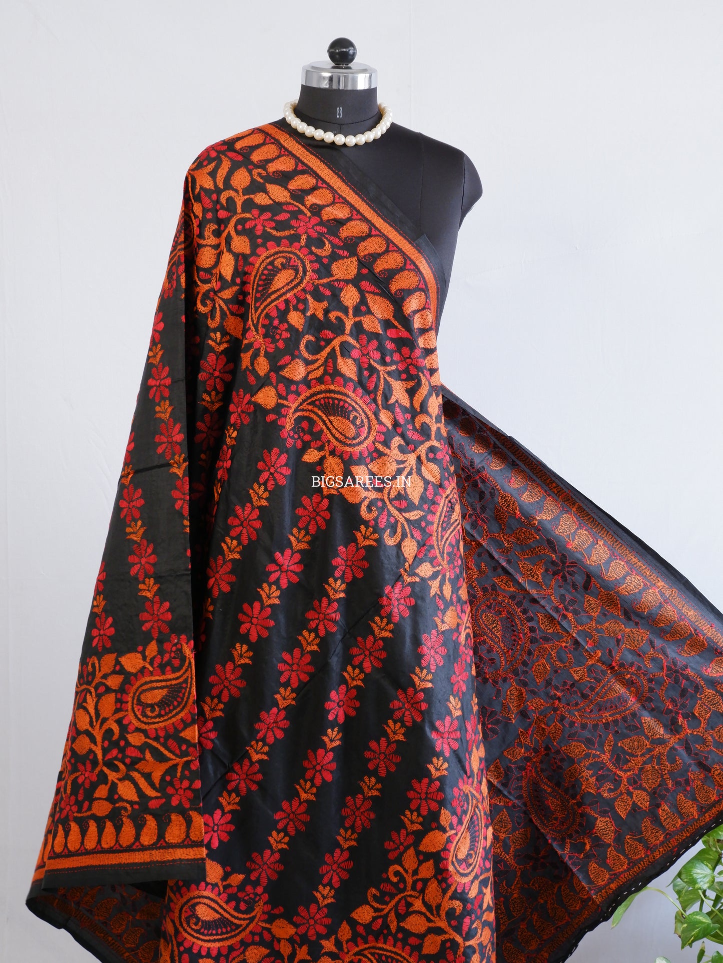 Kantha Hand-Embroidered Dupatta | Pure Bangalore Silk | Silk Marked | Black