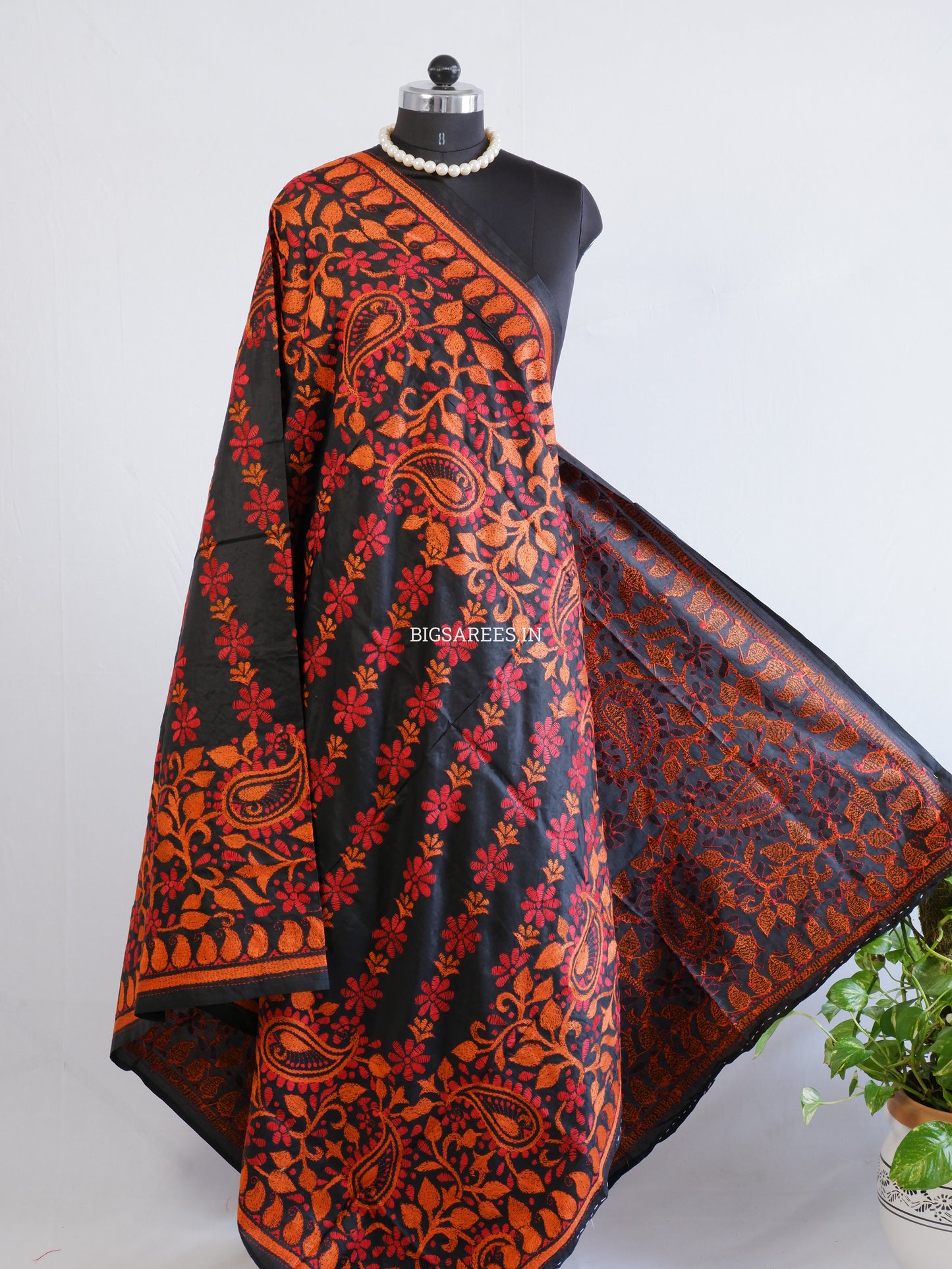 Kantha Hand-Embroidered Dupatta | Pure Bangalore Silk | Silk Marked | Black