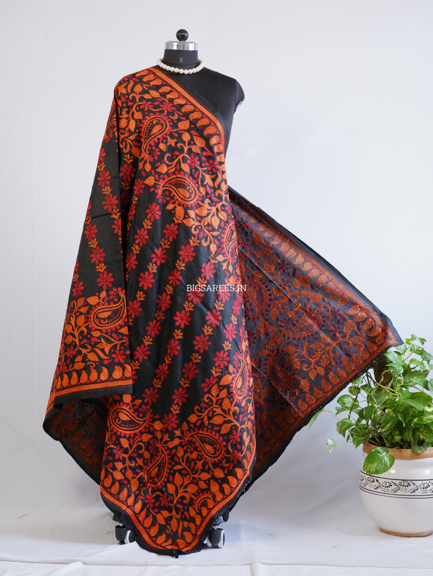 Kantha Hand-Embroidered Dupatta | Pure Bangalore Silk | Silk Marked | Black