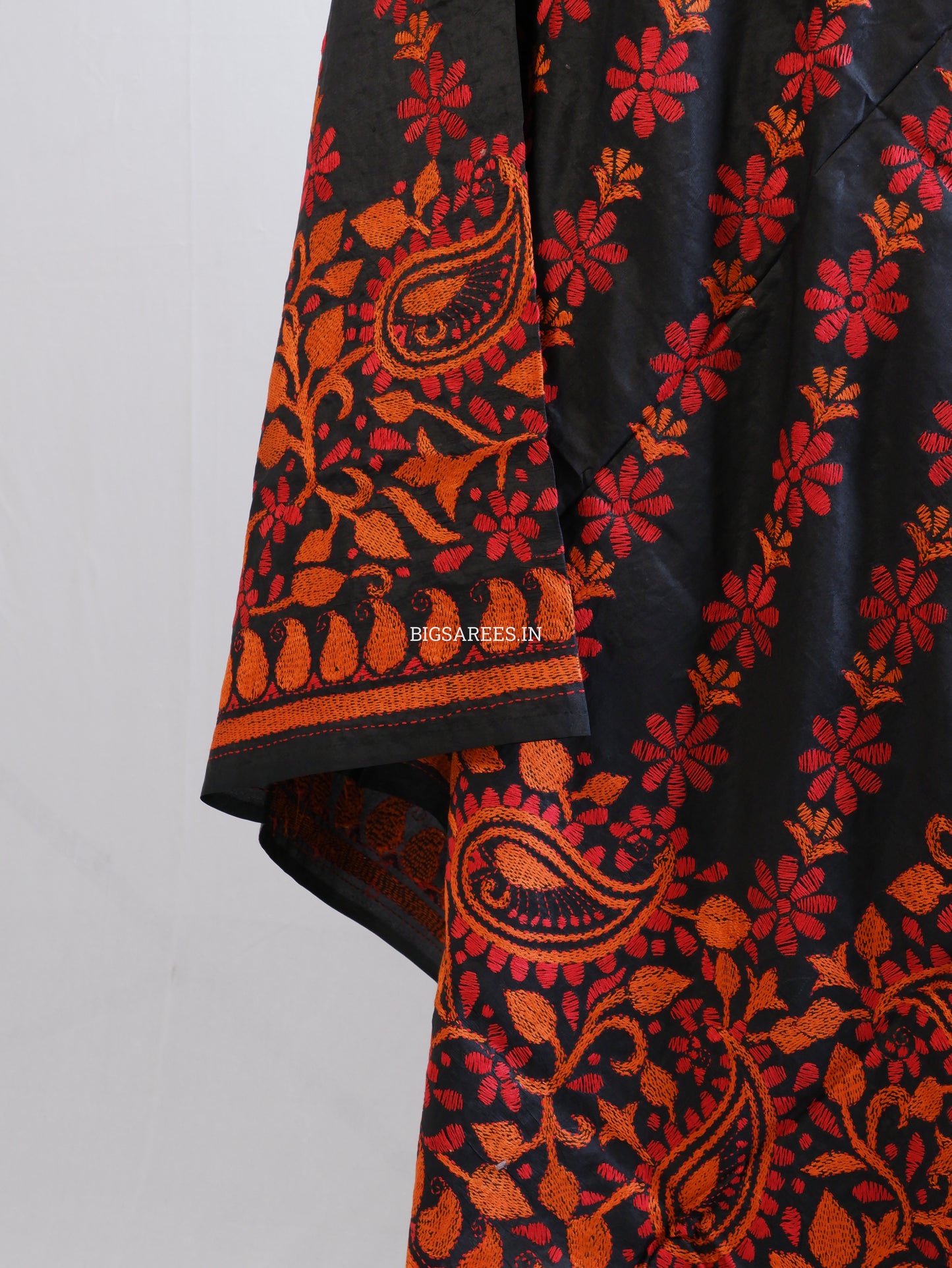 Kantha Hand-Embroidered Dupatta | Pure Bangalore Silk | Silk Marked | Black