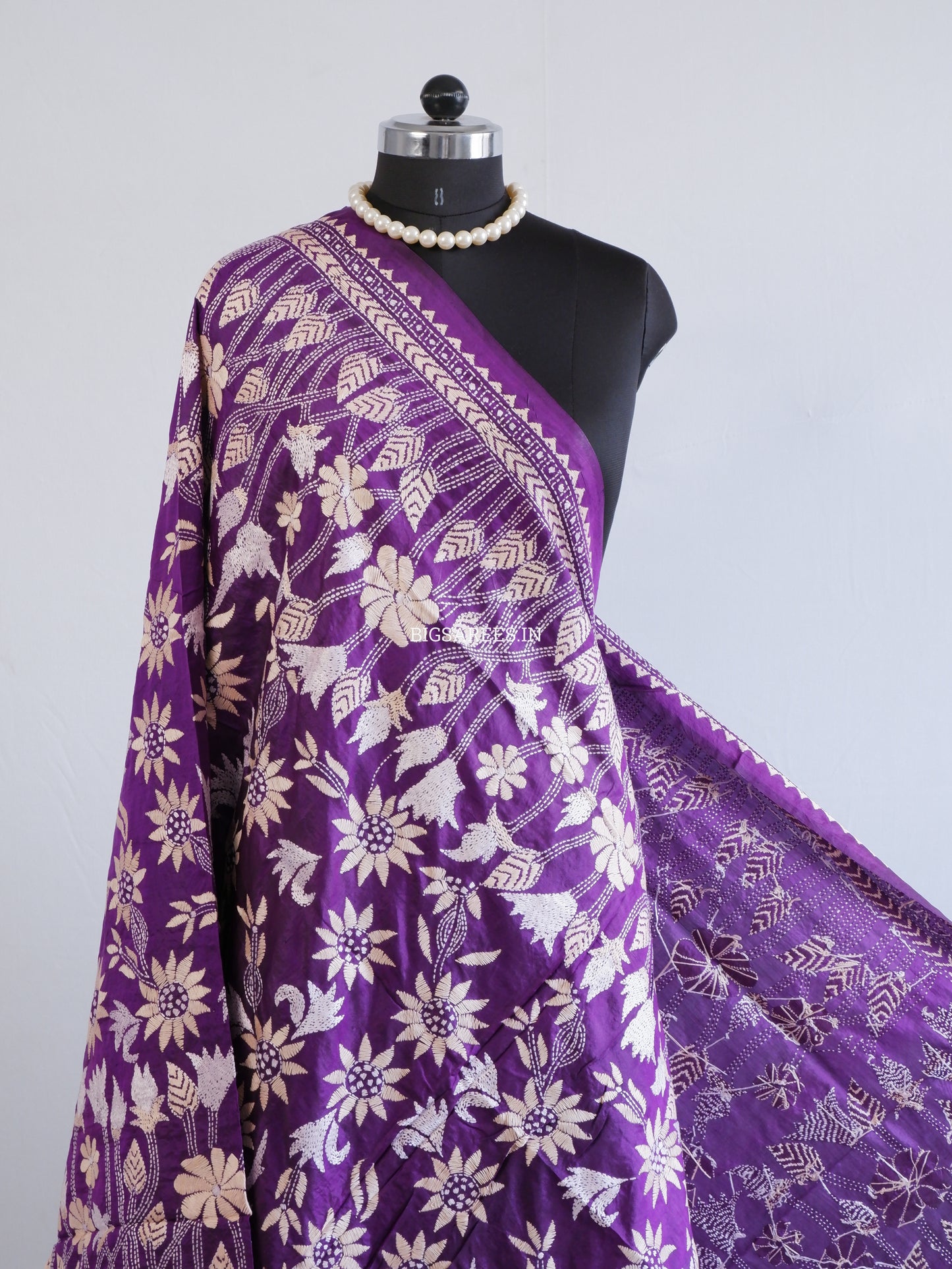 Kantha Hand-Embroidered Dupatta | Pure Bangalore Silk | Silk Marked | Purple