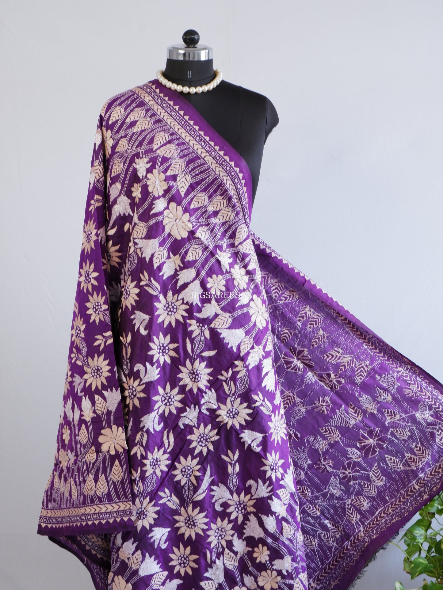 Kantha Hand-Embroidered Dupatta | Pure Bangalore Silk | Silk Marked | Purple