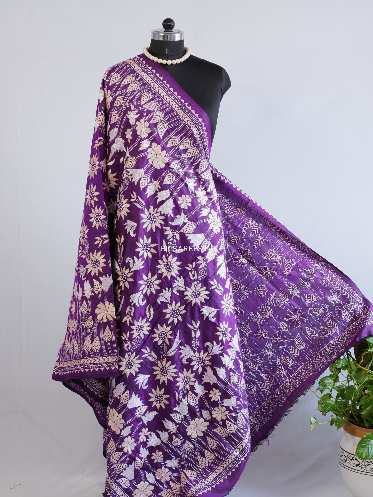 Kantha Hand-Embroidered Dupatta | Pure Bangalore Silk | Silk Marked | Purple