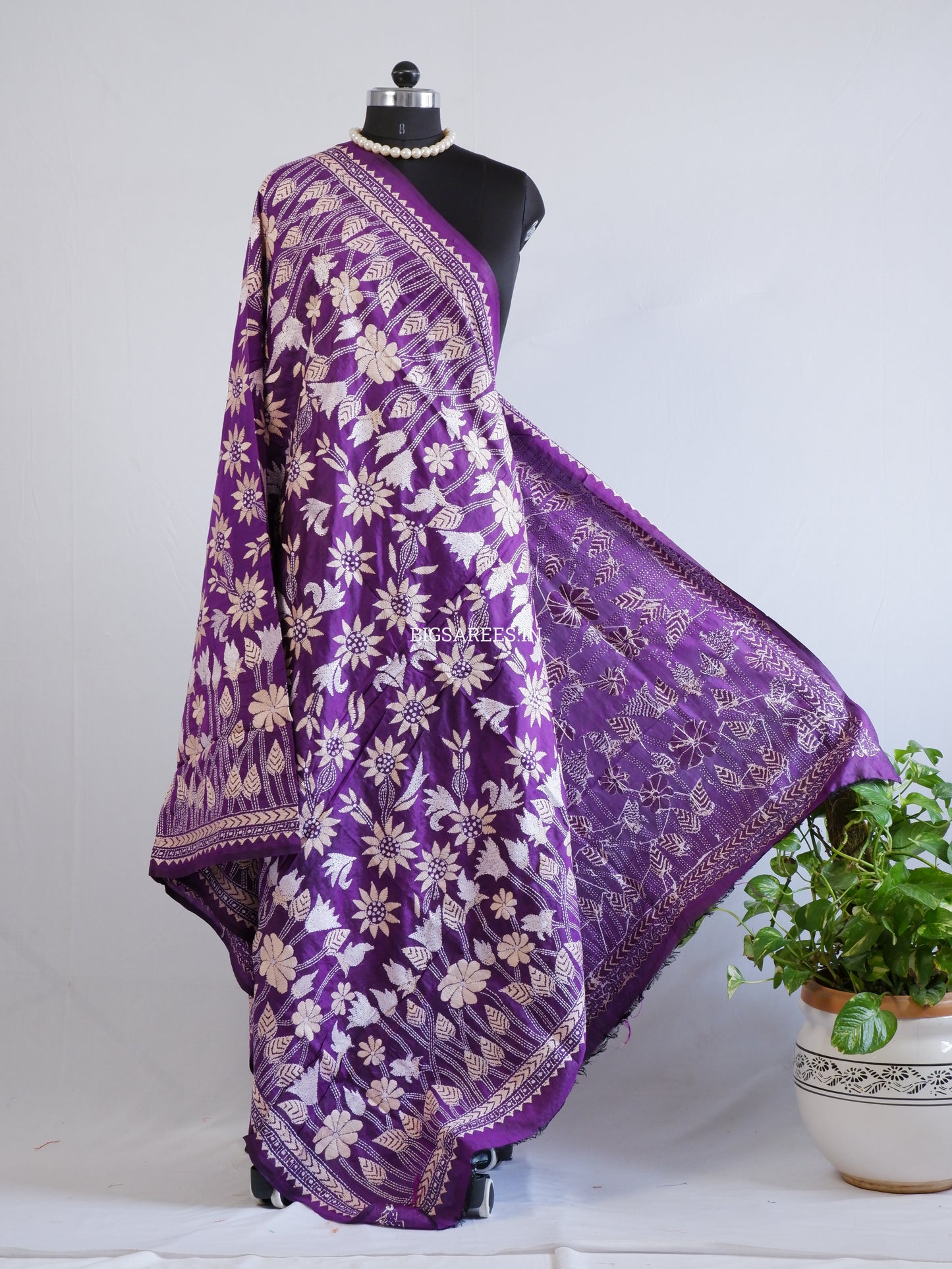 Kantha Hand-Embroidered Dupatta | Pure Bangalore Silk | Silk Marked | Purple