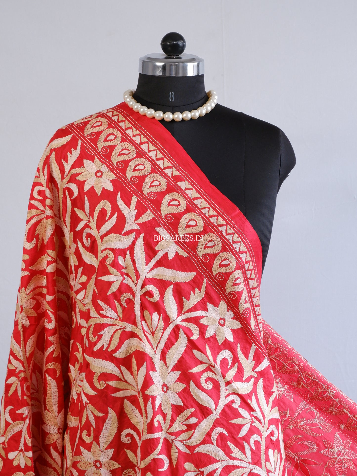 Kantha Hand-Embroidered Dupatta | Pure Bangalore Silk | Silk Marked | Red