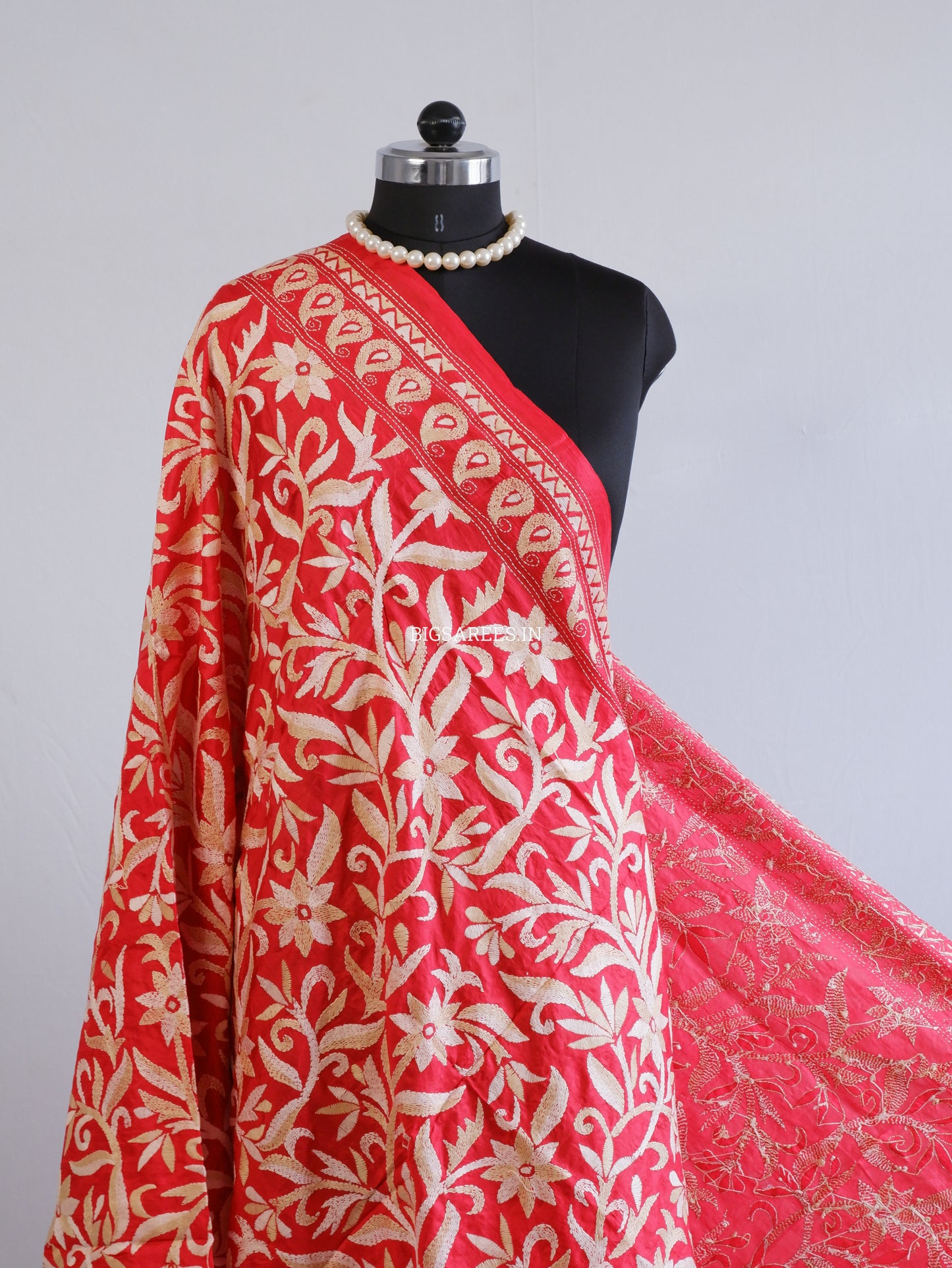 Kantha Hand-Embroidered Dupatta | Pure Bangalore Silk | Silk Marked | Red