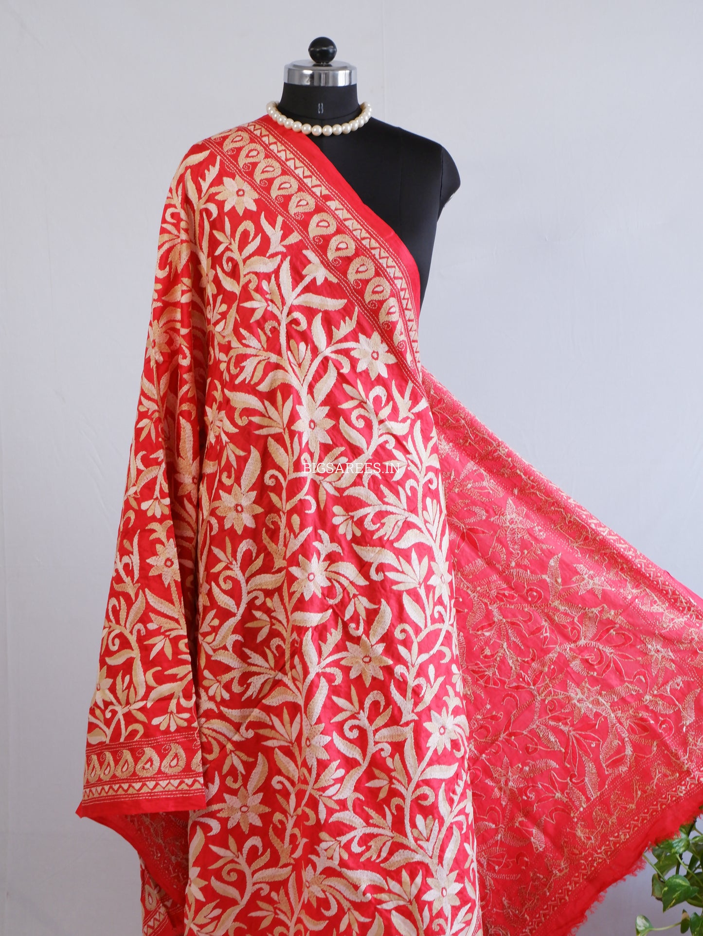 Kantha Hand-Embroidered Dupatta | Pure Bangalore Silk | Silk Marked | Red
