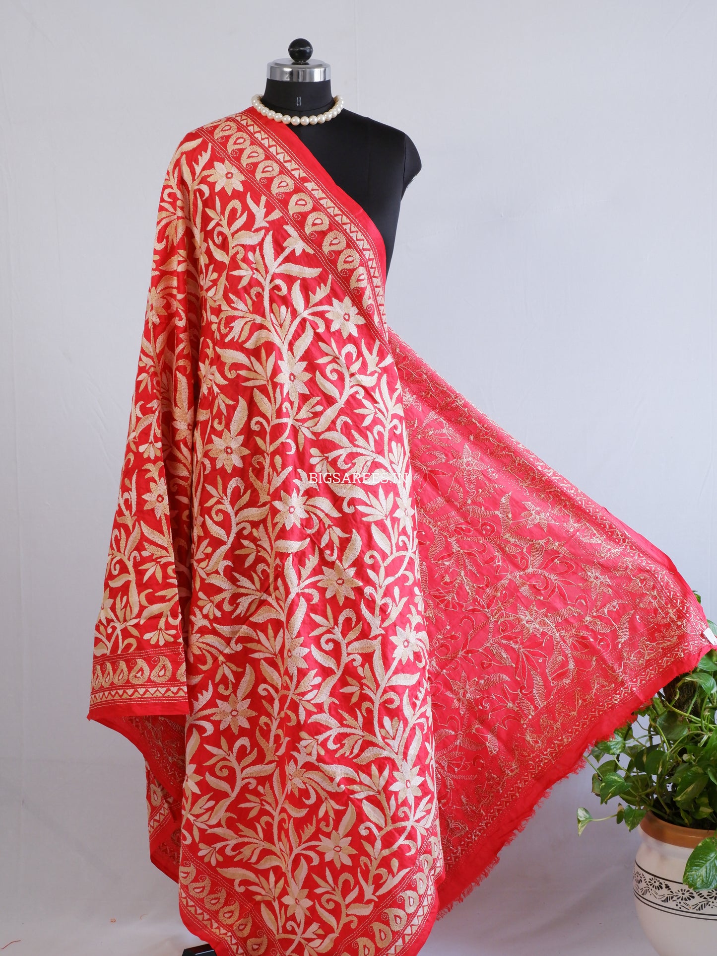Kantha Hand-Embroidered Dupatta | Pure Bangalore Silk | Silk Marked | Red
