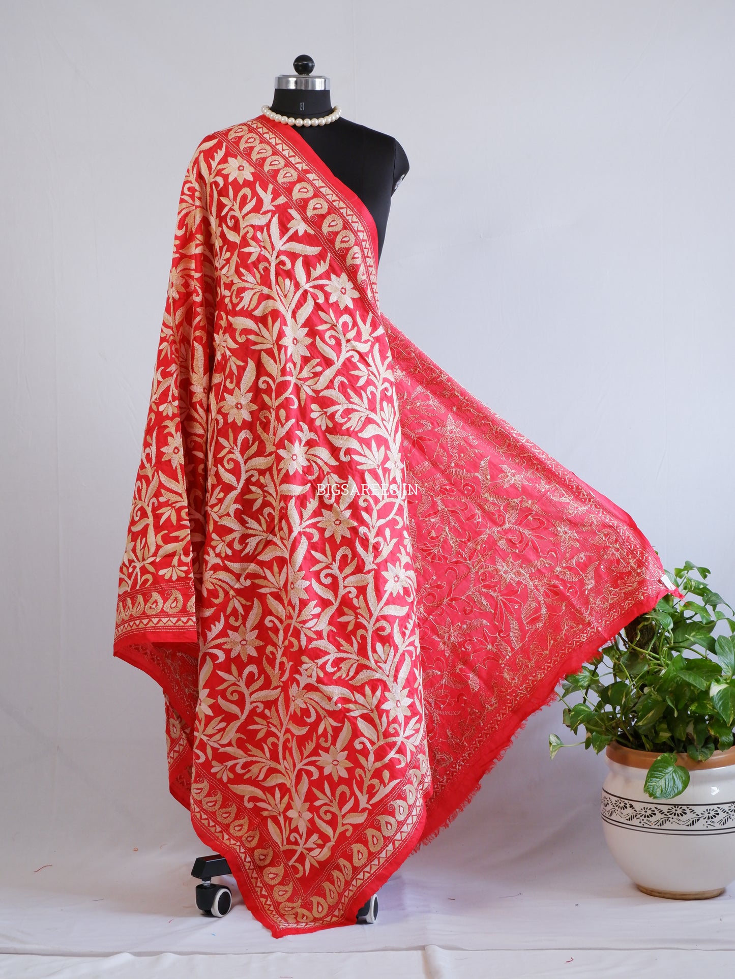 Kantha Hand-Embroidered Dupatta | Pure Bangalore Silk | Silk Marked | Red