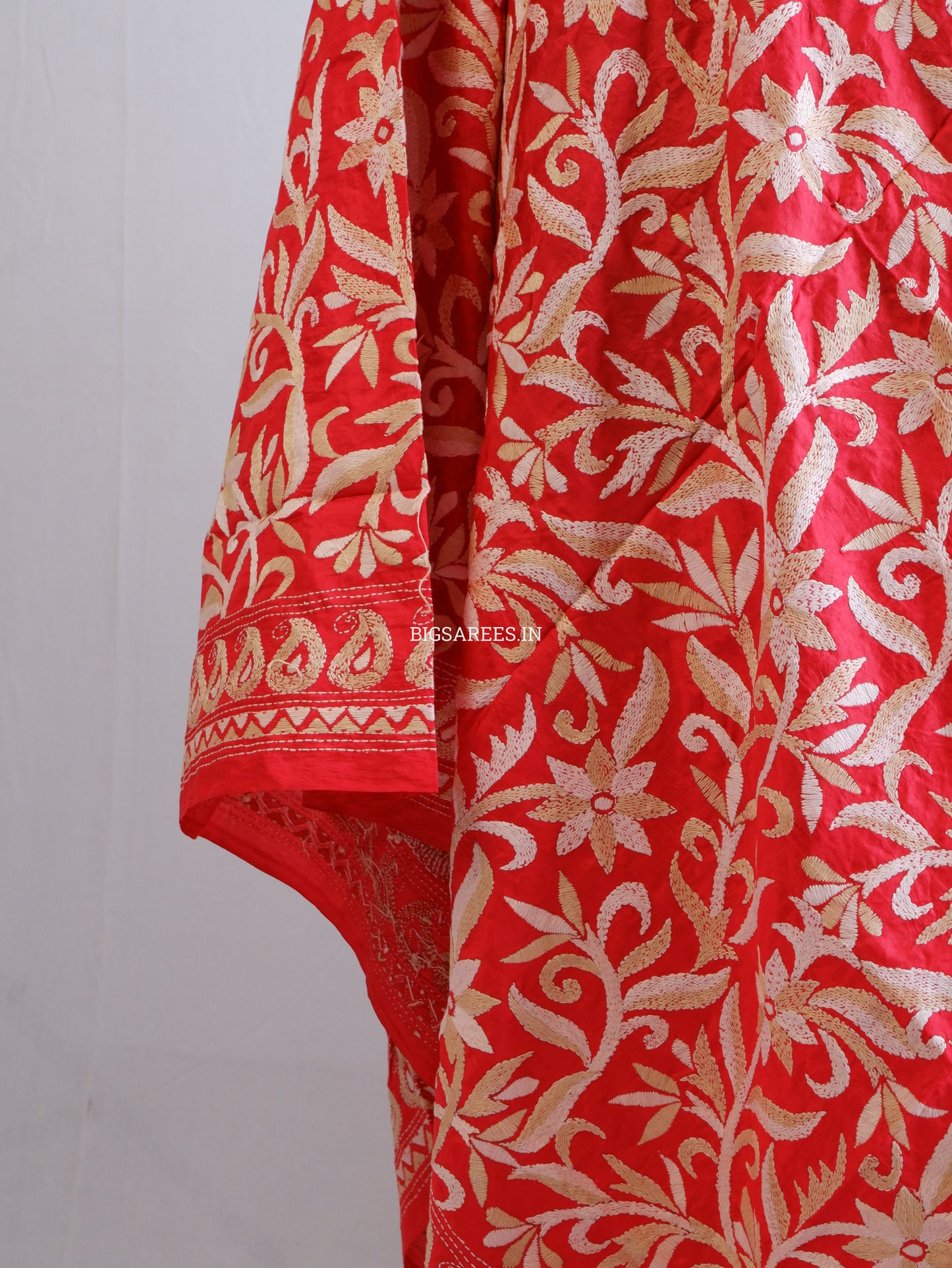 Kantha Hand-Embroidered Dupatta | Pure Bangalore Silk | Silk Marked | Red