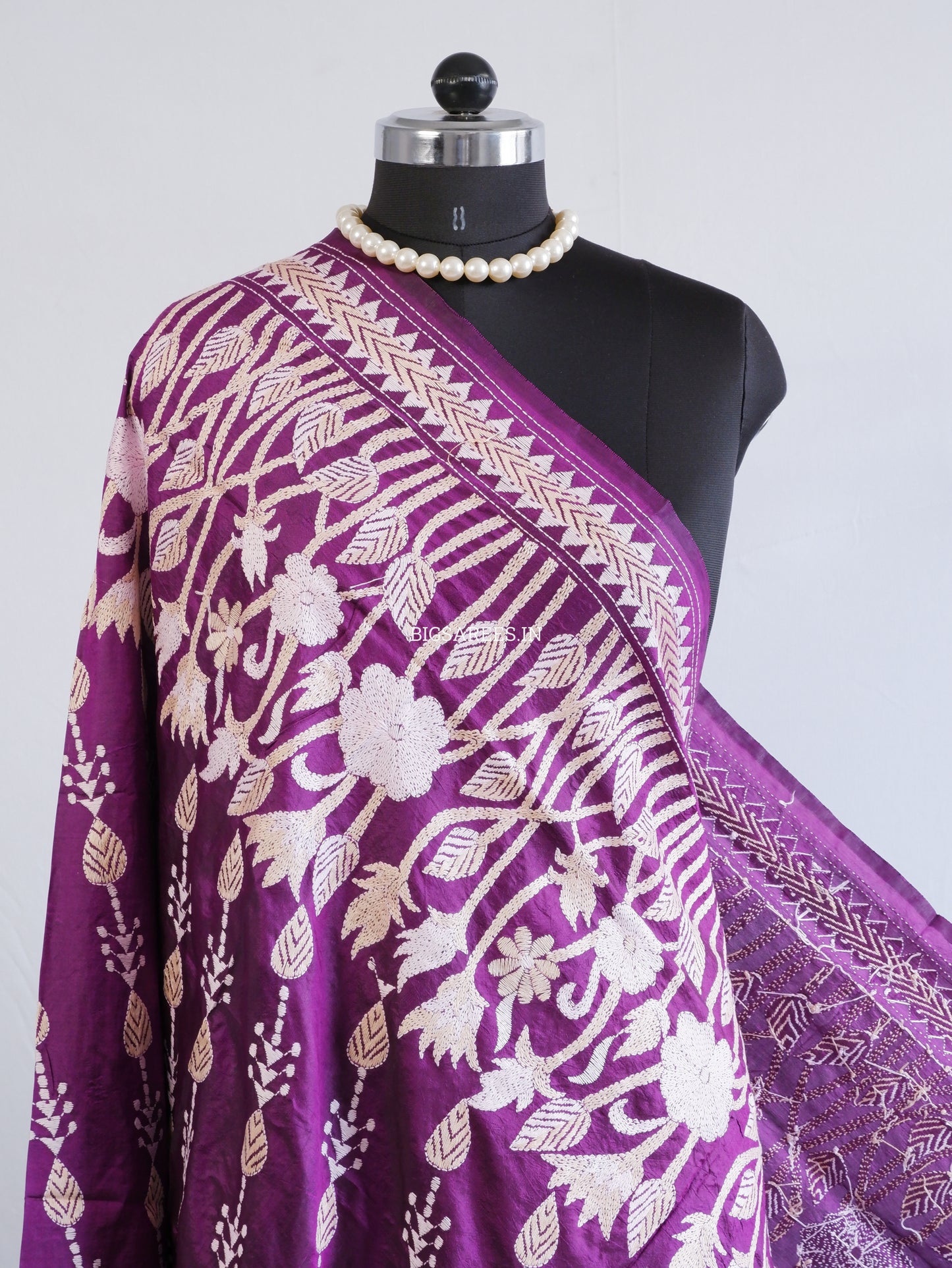 Kantha Hand-Embroidered Dupatta | Pure Bangalore Silk | Silk Marked | Purple