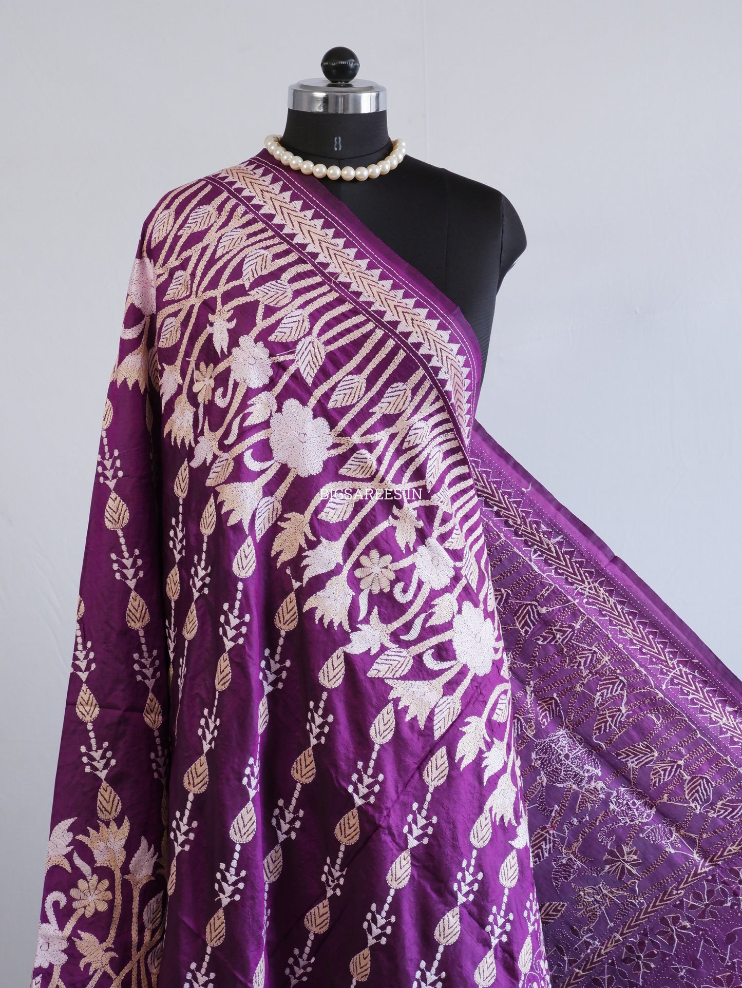 Kantha Hand-Embroidered Dupatta | Pure Bangalore Silk | Silk Marked | Purple